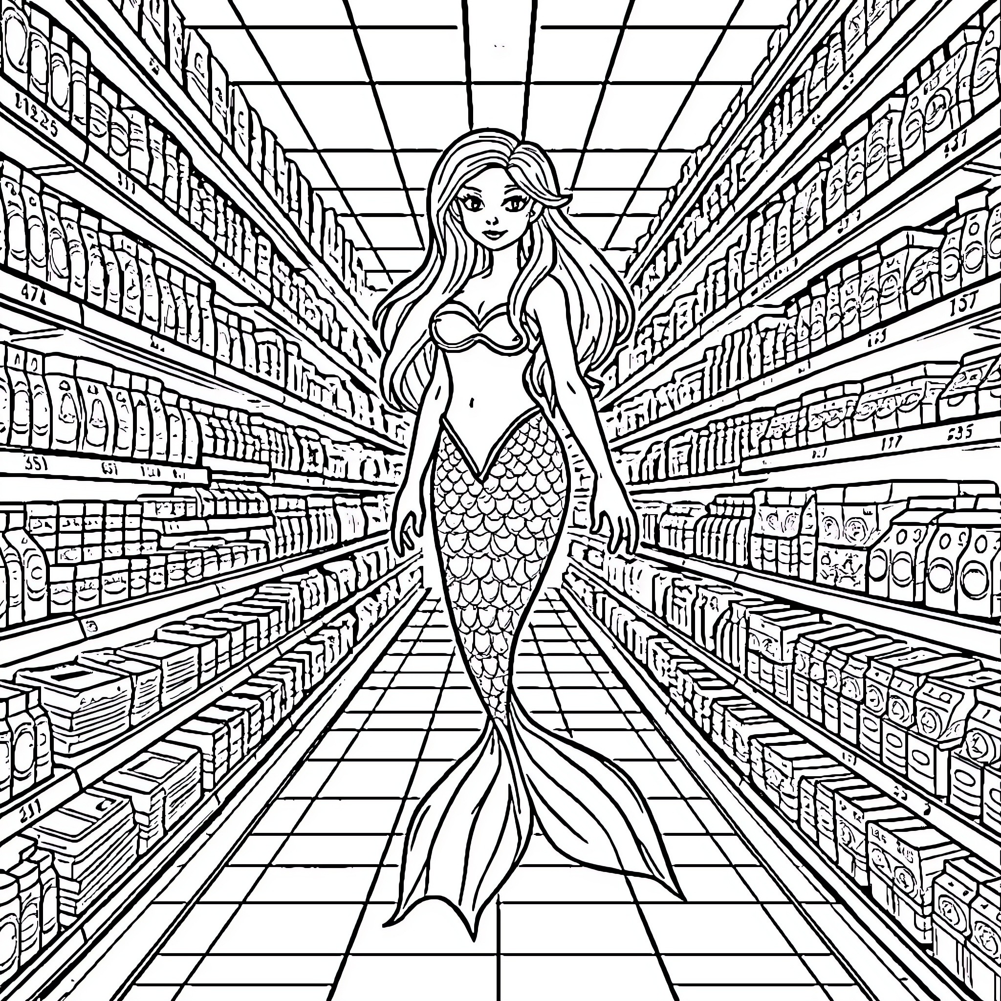 Mermaid explores a mystical grocery store Coloring Page (free black-and-white line drawing printable PDF for all, from beginners to advanced learners, including children, teens, adults, and seniors)