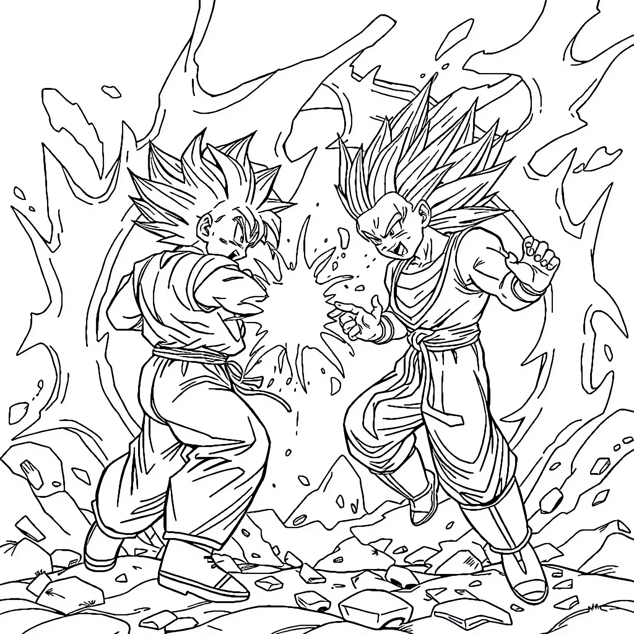 Goku and Vegeta engaged in an intense battle Coloring Page (free black-and-white line drawing printable PDF for all, from beginners to advanced learners, including children, teens, adults, and seniors)