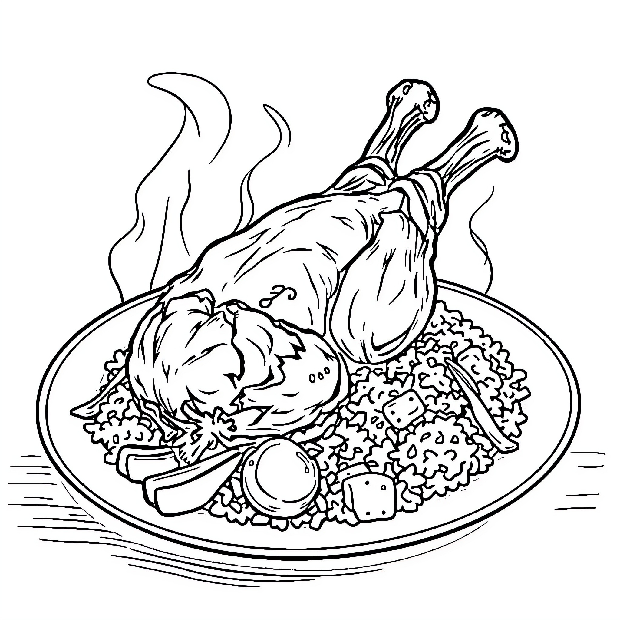Chicken roasted on a plate with vegetables Coloring Page (free black-and-white line drawing printable PDF for all, from beginners to advanced learners, including children, teens, adults, and seniors)