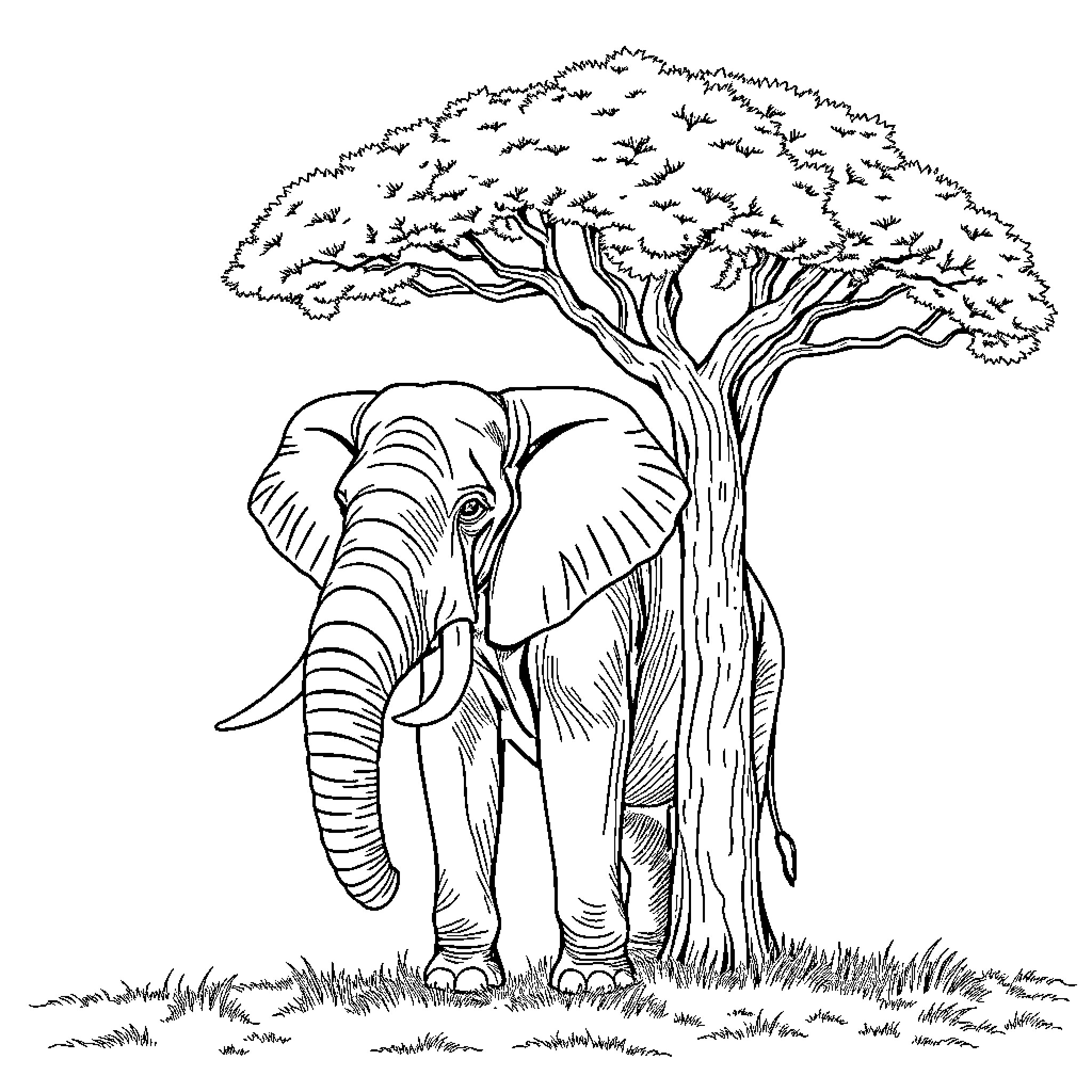 Elephant standing under a large tree Coloring Page (free black-and-white line drawing printable PDF for all, from beginners to advanced learners, including children, teens, adults, and seniors)