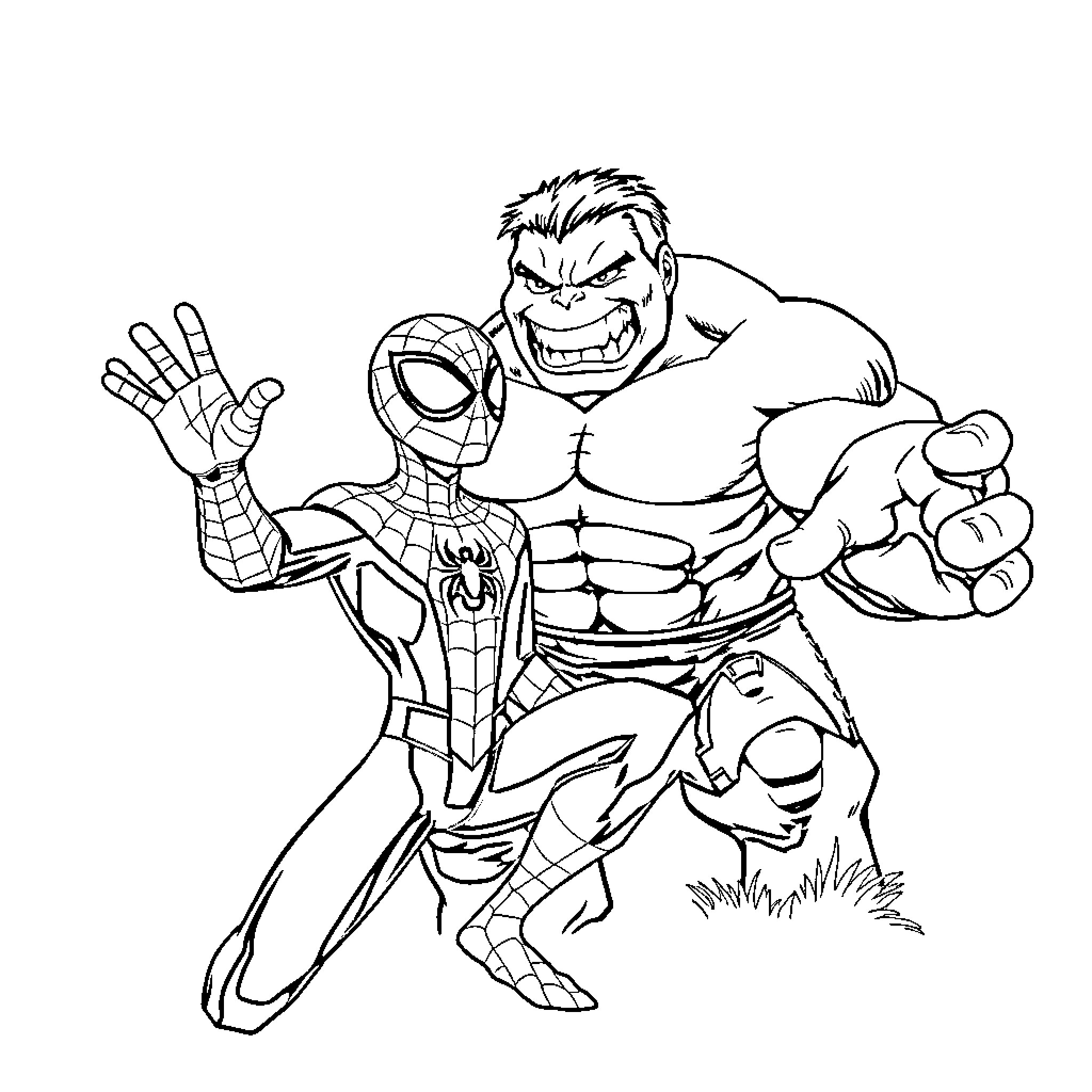 Spidey battles a muscular foe in action-packed scene Coloring Page (free black-and-white line drawing printable PDF for all, from beginners to advanced learners, including children, teens, adults, and seniors)