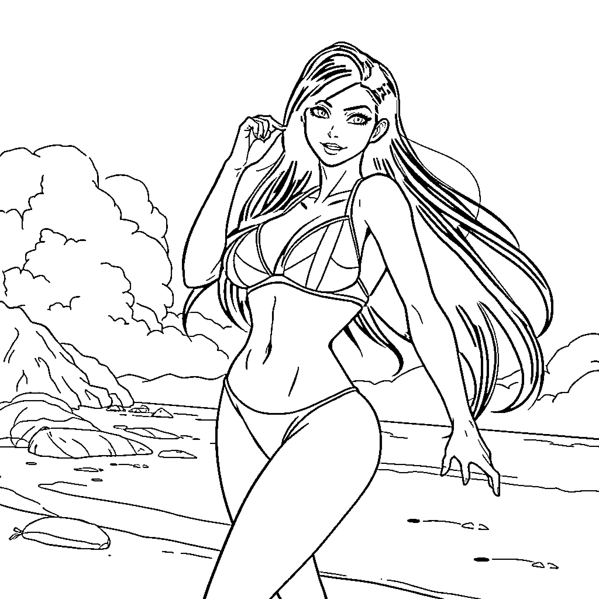 Juri Han relaxing by the beach Coloring Page (free black-and-white line drawing printable PDF for all, from beginners to advanced learners, including children, teens, adults, and seniors)