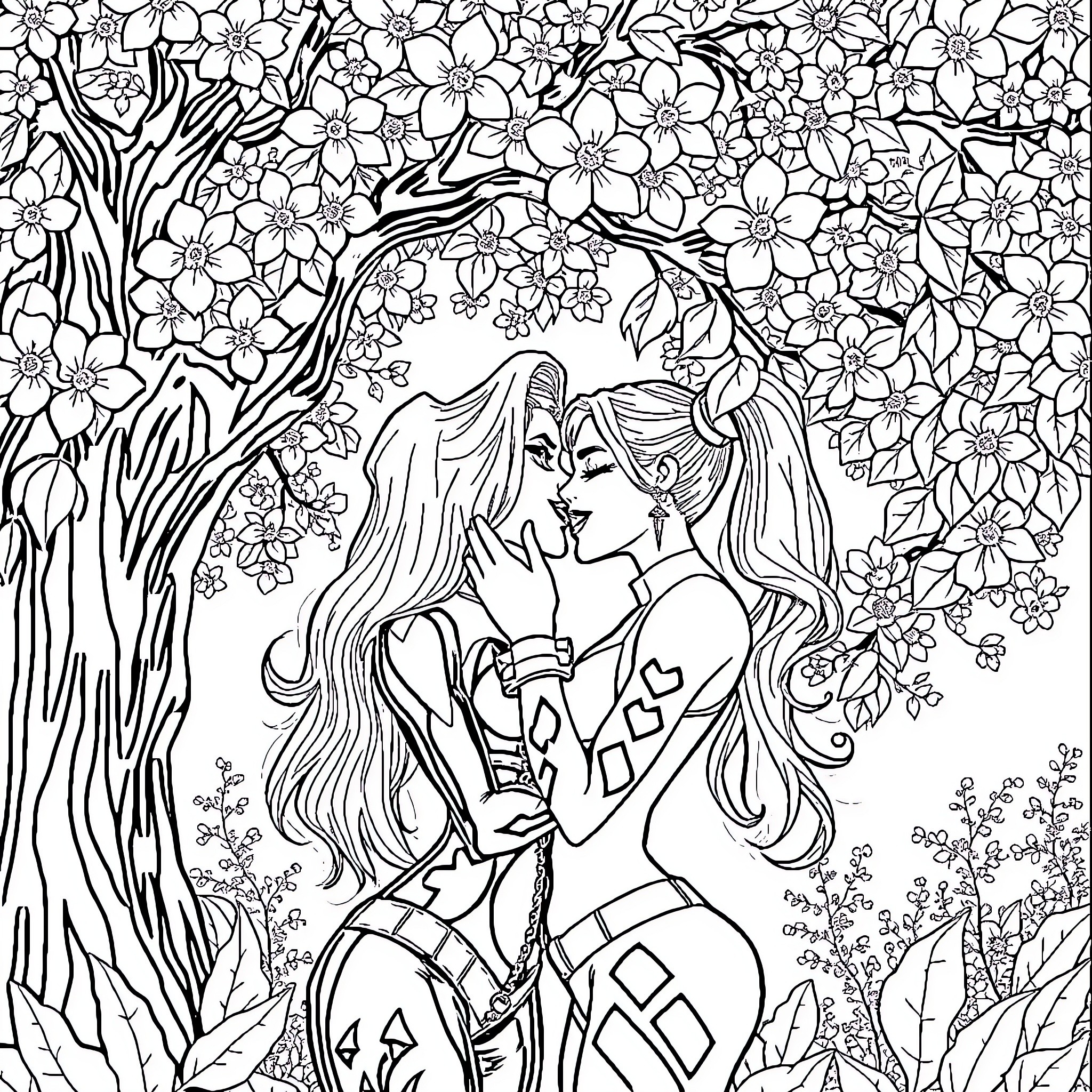 Poison Ivy enjoying a romantic moment in a flower-filled garden Coloring Page (free black-and-white line drawing printable PDF for all, from beginners to advanced learners, including children, teens, adults, and seniors)