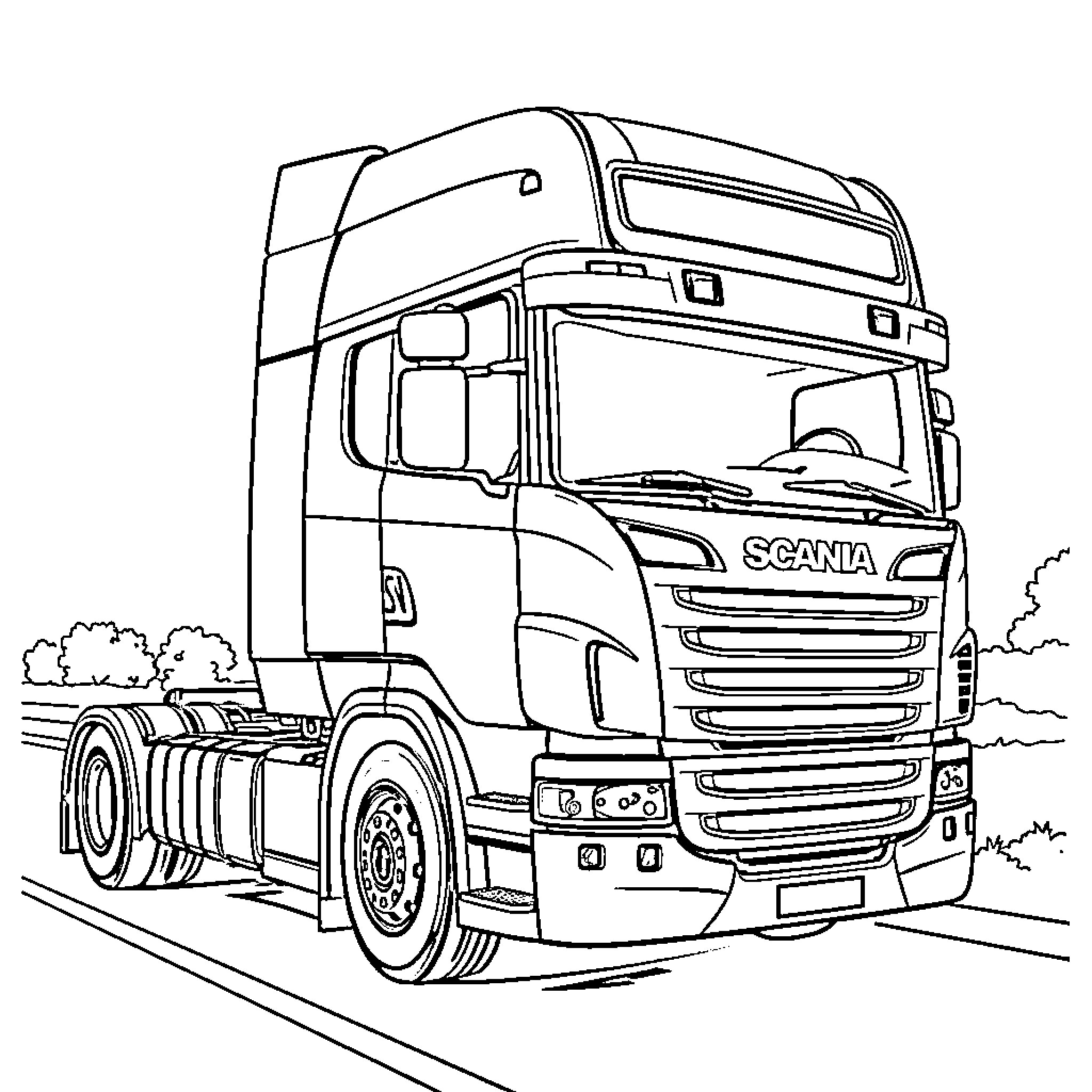 Scania semi-trailer truck on the road Coloring Page (free black-and-white line drawing printable PDF for all, from beginners to advanced learners, including children, teens, adults, and seniors)
