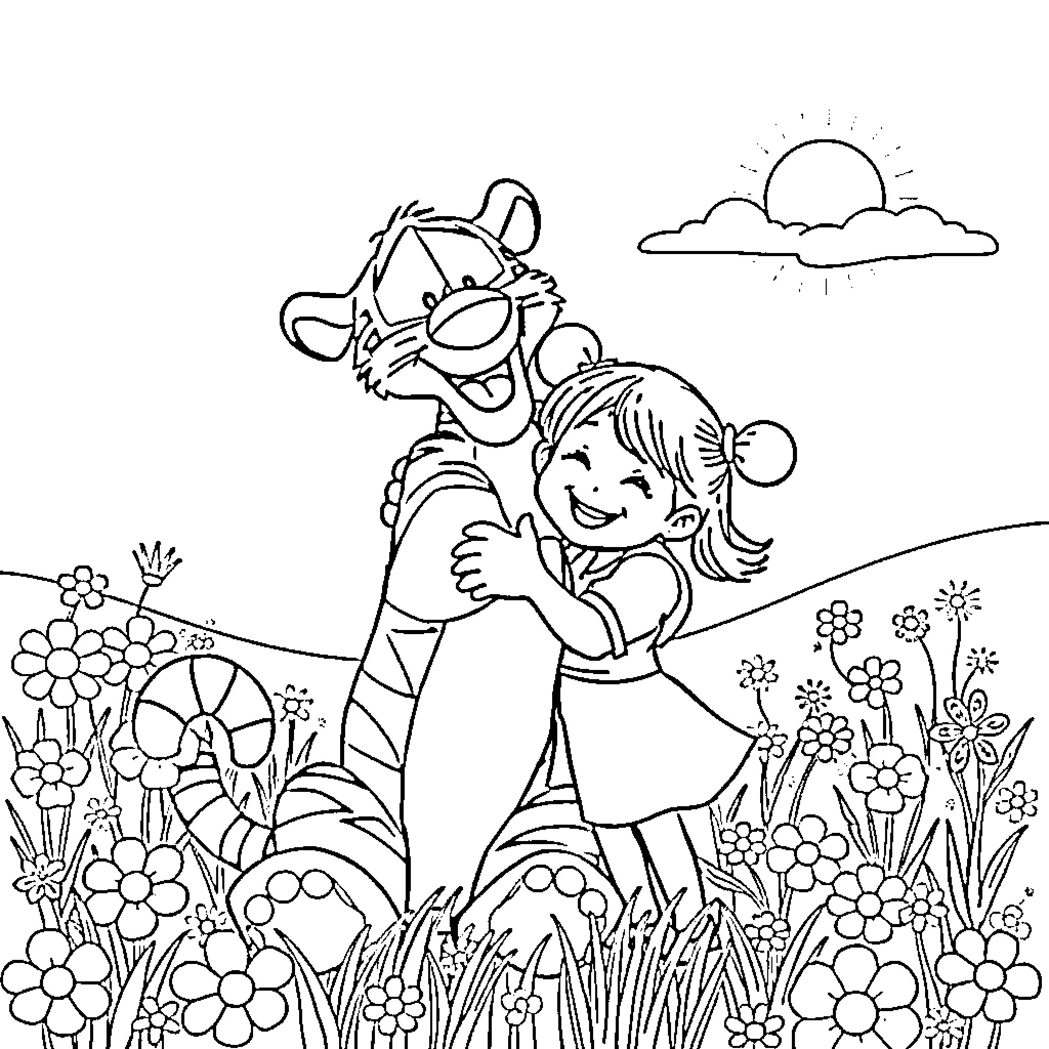 Tigger embracing a happy young girl in a field of flowers Coloring Page (free black-and-white line drawing printable PDF for all, from beginners to advanced learners, including children, teens, adults, and seniors)