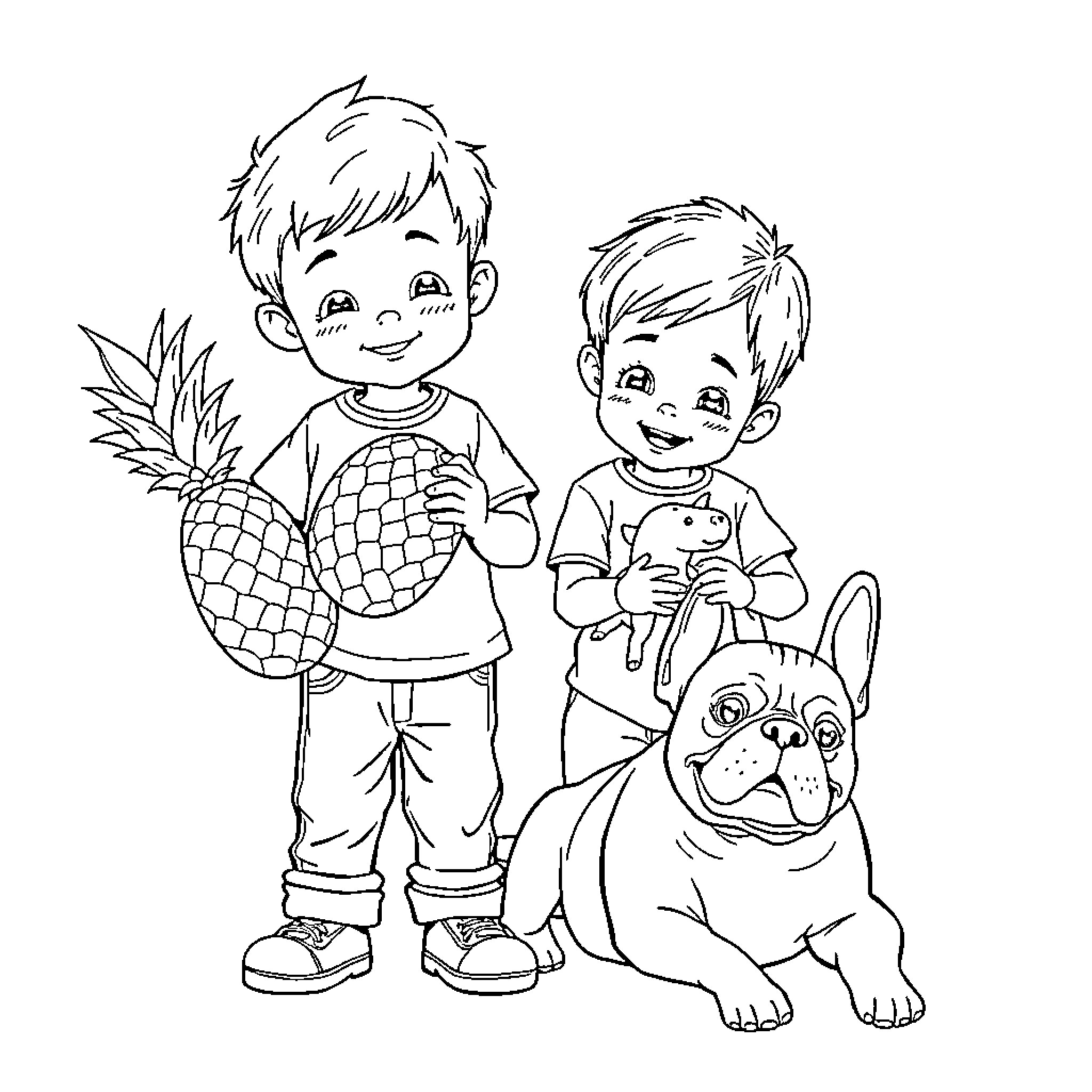 Boy Happily Playing with Friends and Pet Coloring Page (free black-and-white line drawing printable PDF for all, from beginners to advanced learners, including children, teens, adults, and seniors)