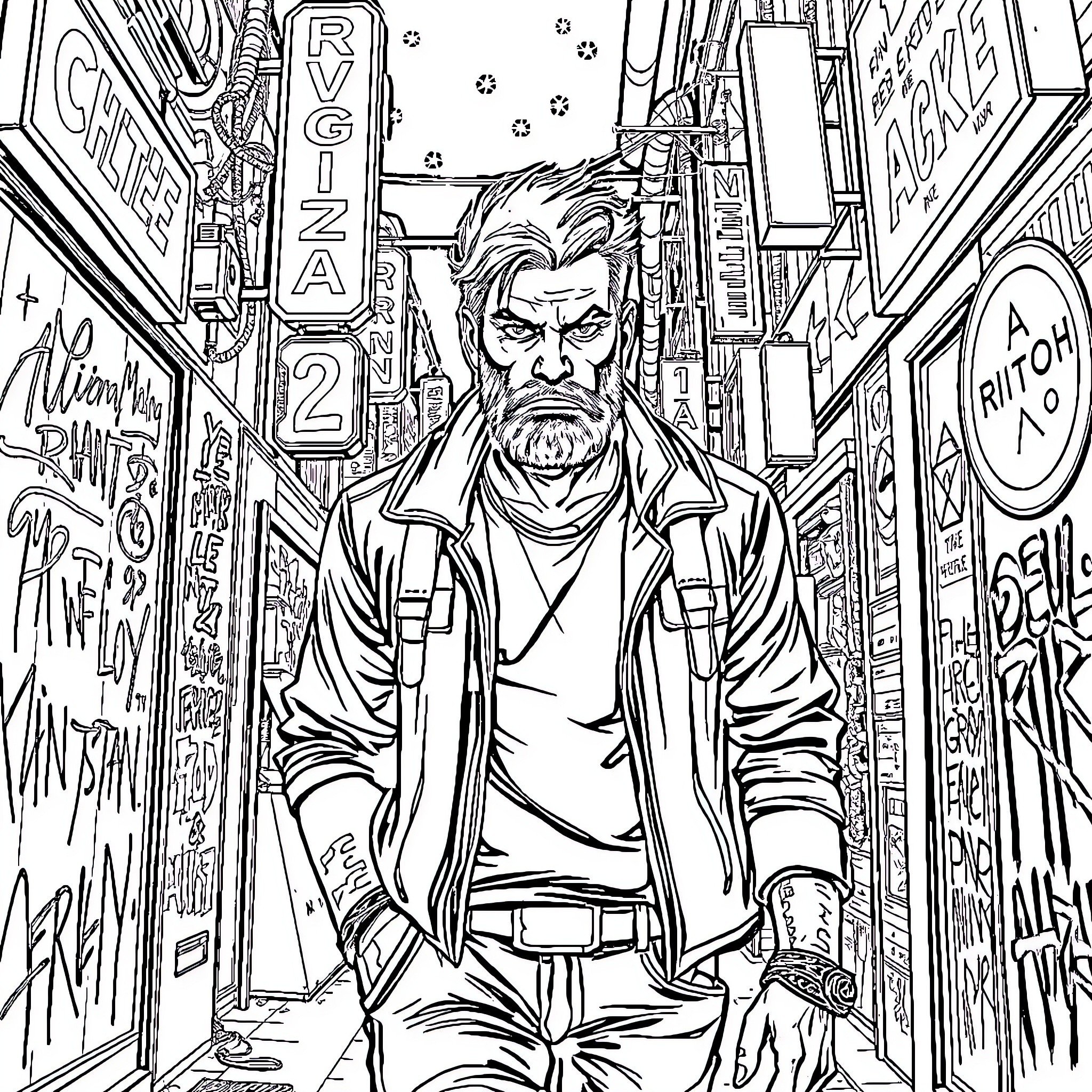 Human in a Gritty Urban Setting with Signs and Graffiti Coloring Page (free black-and-white line drawing printable PDF for all, from beginners to advanced learners, including children, teens, adults, and seniors)