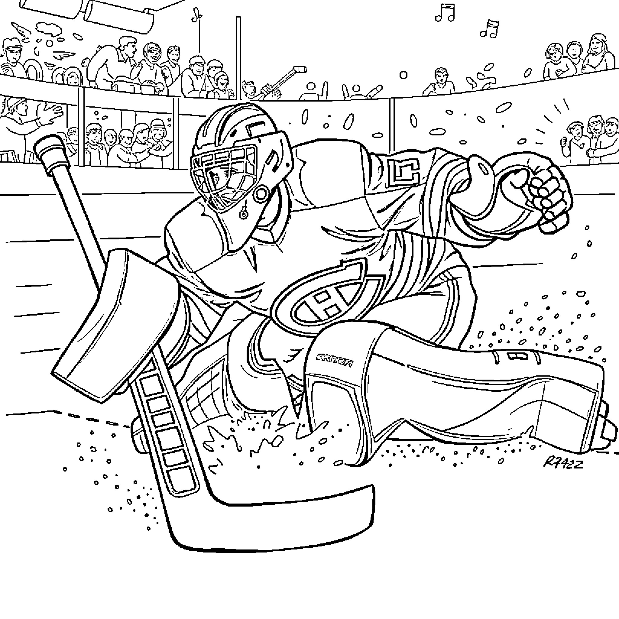 Goalie defending the net with determination Coloring Page (free black-and-white line drawing printable PDF for all, from beginners to advanced learners, including children, teens, adults, and seniors)