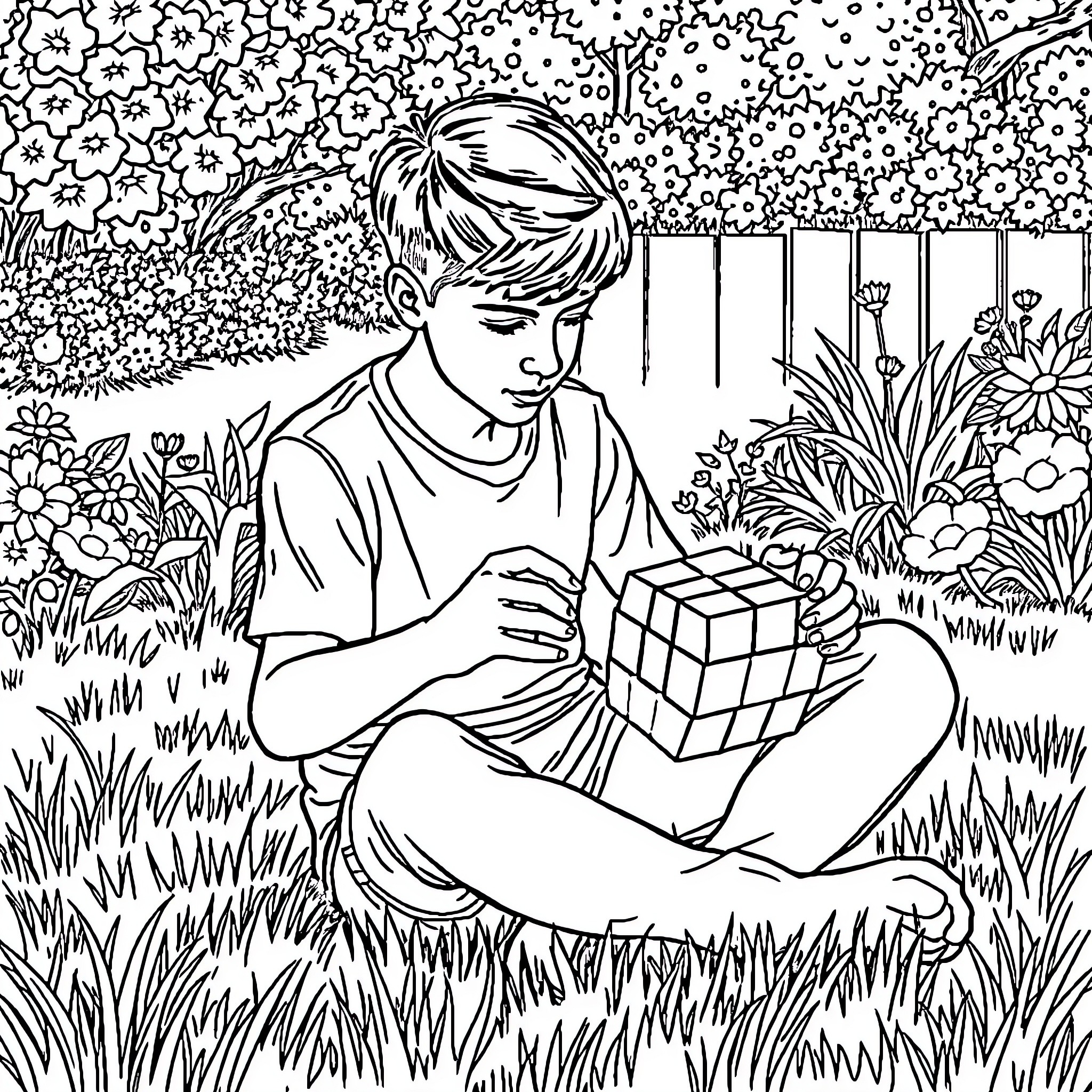 Guy solving Rubik's cube in a flowery garden Coloring Page (free black-and-white line drawing printable PDF for all, from beginners to advanced learners, including children, teens, adults, and seniors)