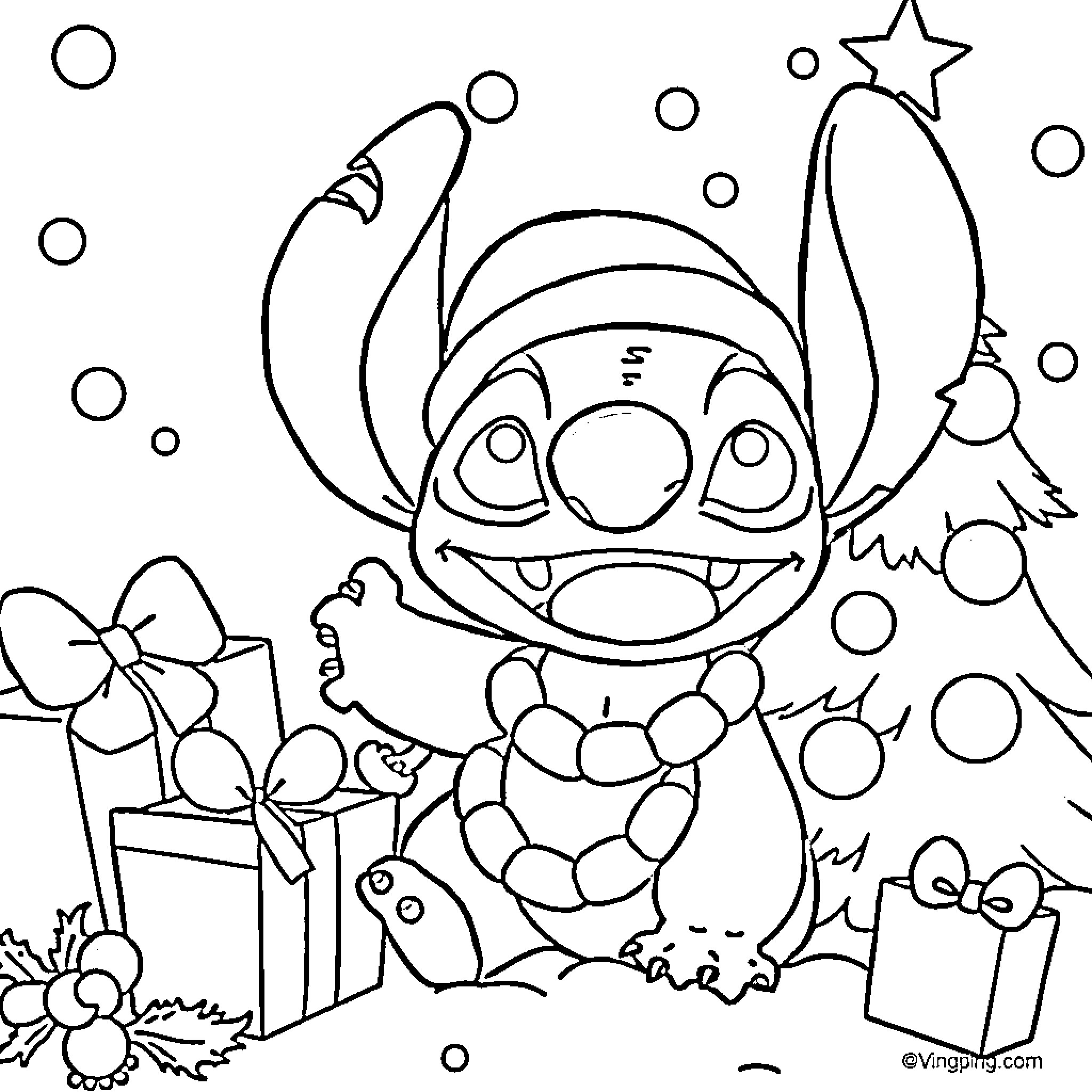 Stitch enjoying a festive celebration Coloring Page (free black-and-white line drawing printable PDF for all, from beginners to advanced learners, including children, teens, adults, and seniors)