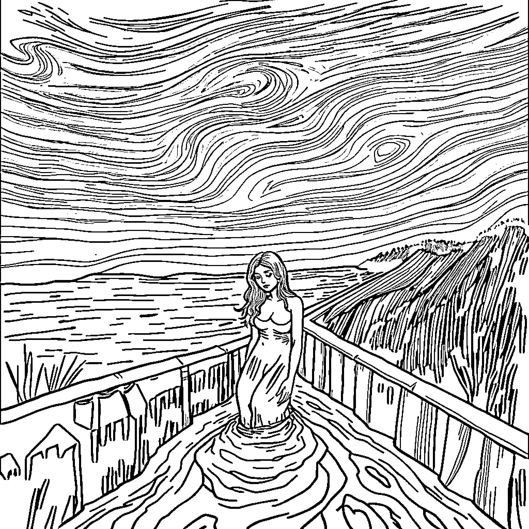 The Scream of a Lone Figure by the Stormy Sea Coloring Page (free black-and-white line drawing printable PDF for all, from beginners to advanced learners, including children, teens, adults, and seniors)