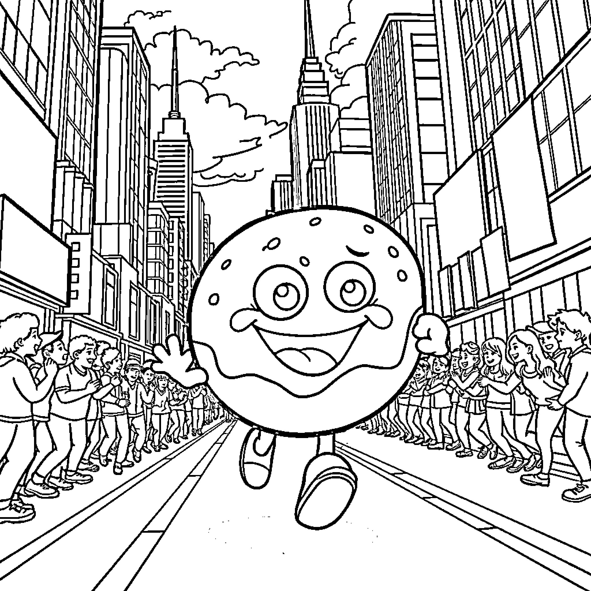 Donut character parading through a busy city Coloring Page (free black-and-white line drawing printable PDF for all, from beginners to advanced learners, including children, teens, adults, and seniors)