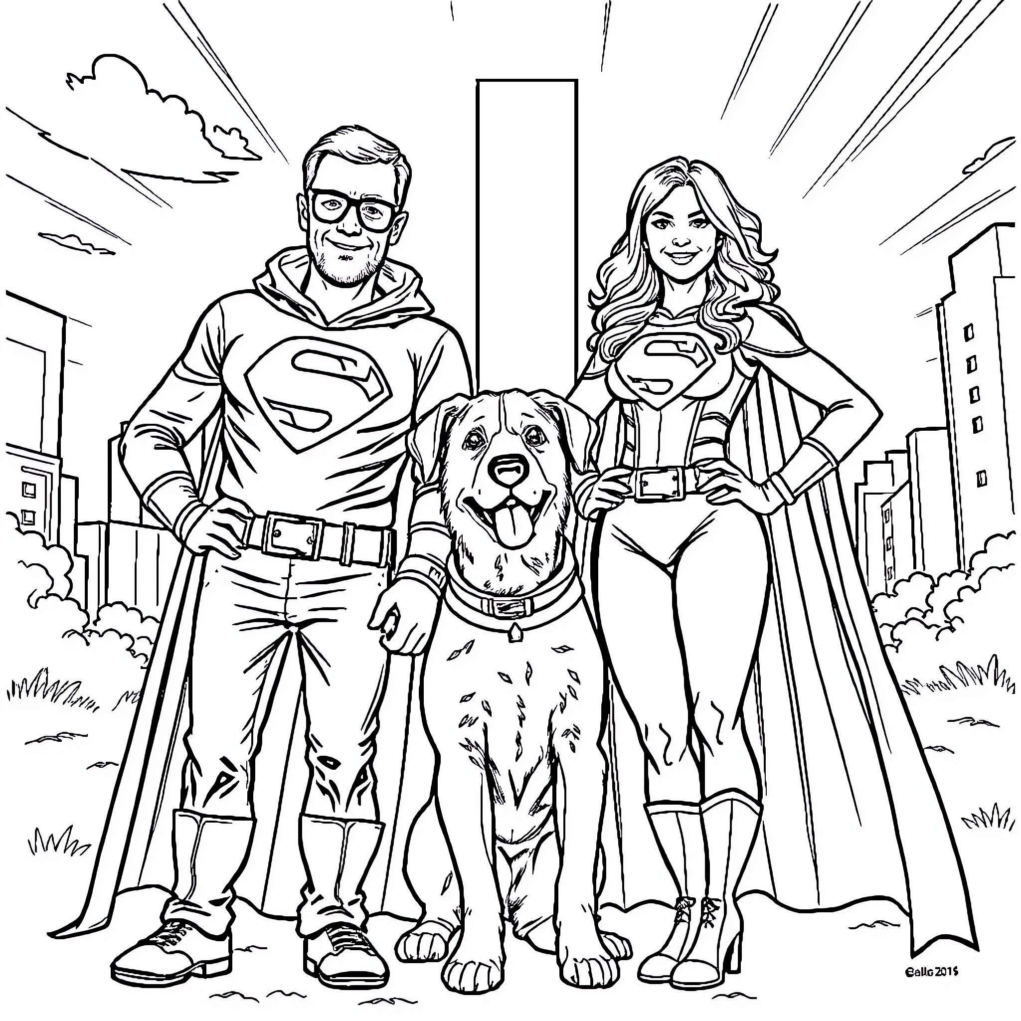 Simon Pegg and Supergirl posing with a dog Coloring Page (free black-and-white line drawing printable PDF for all, from beginners to advanced learners, including children, teens, adults, and seniors)