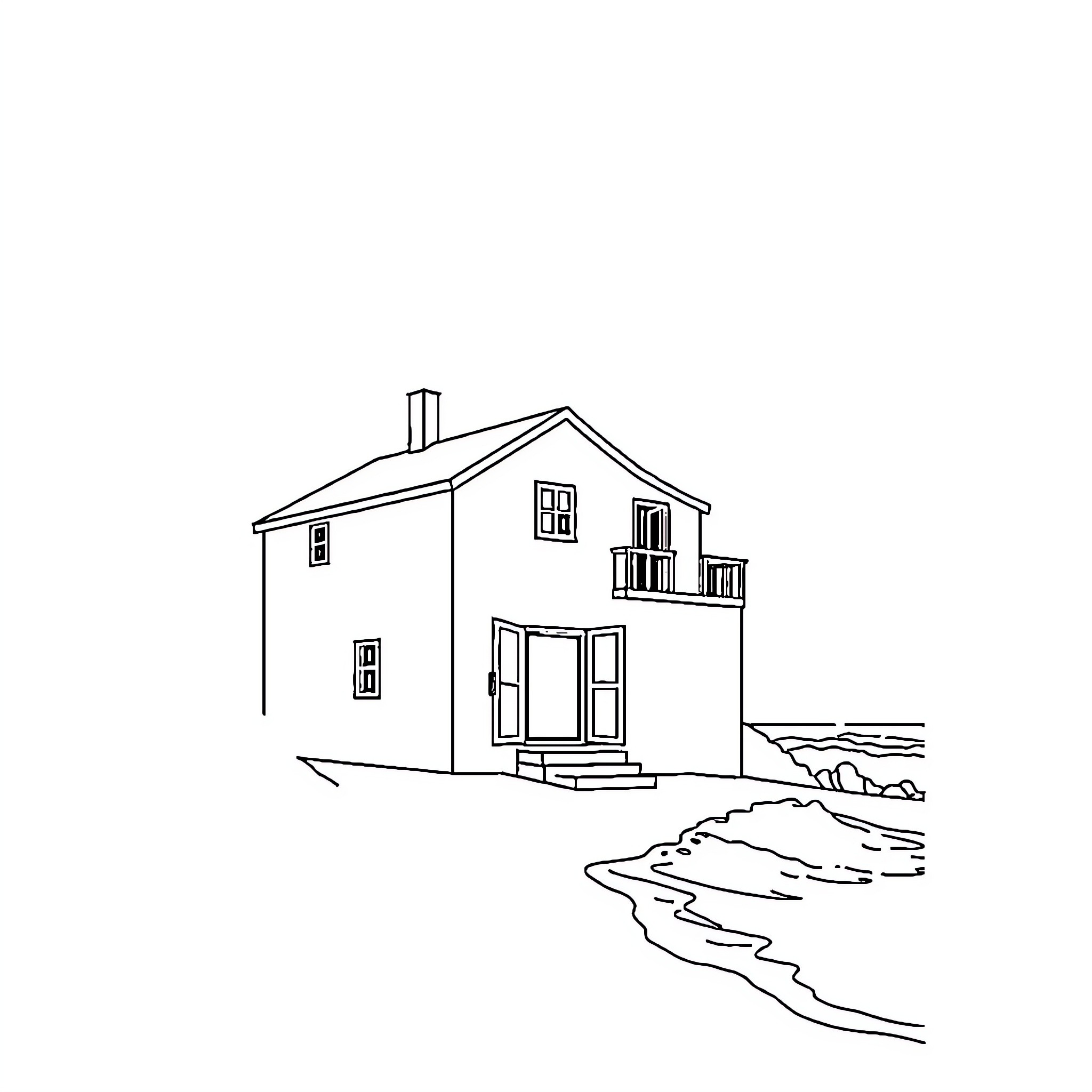 House by the Peaceful Shoreline Coloring Page (free black-and-white line drawing printable PDF for all, from beginners to advanced learners, including children, teens, adults, and seniors)