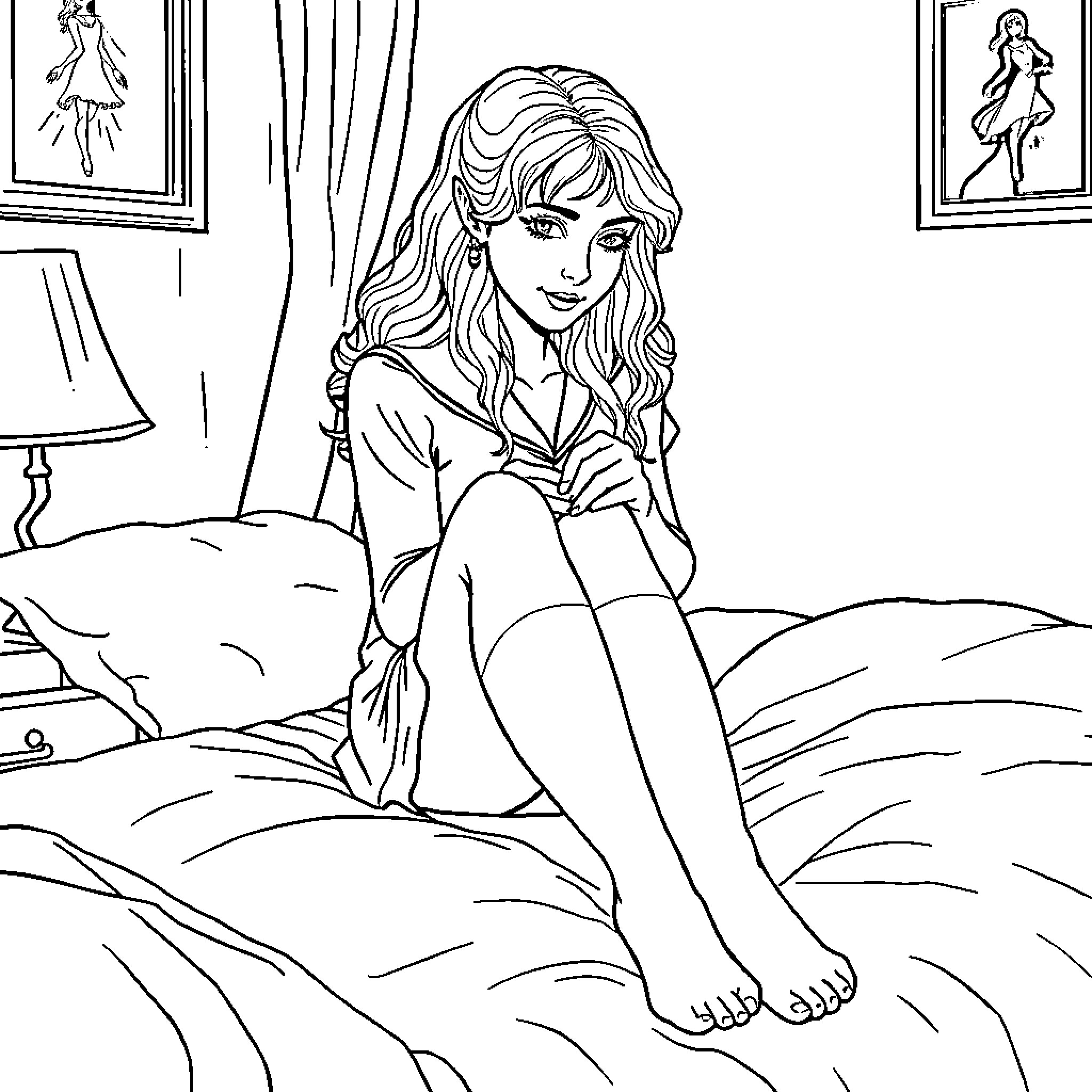 Hermione Granger relaxing in her bedroom Coloring Page (free black-and-white line drawing printable PDF for all, from beginners to advanced learners, including children, teens, adults, and seniors)