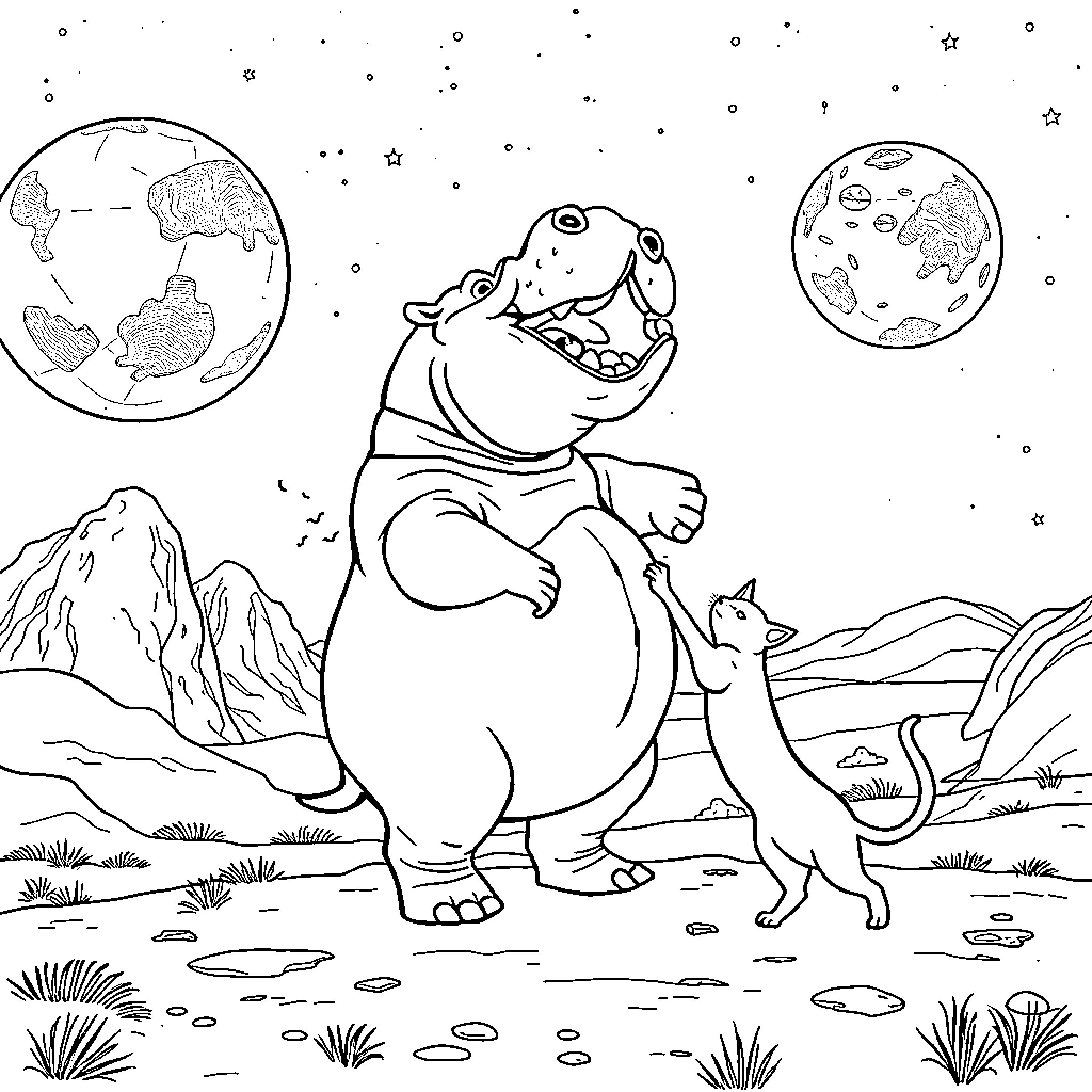 Hippo enjoying a starry night with cat companion Coloring Page (free black-and-white line drawing printable PDF for all, from beginners to advanced learners, including children, teens, adults, and seniors)