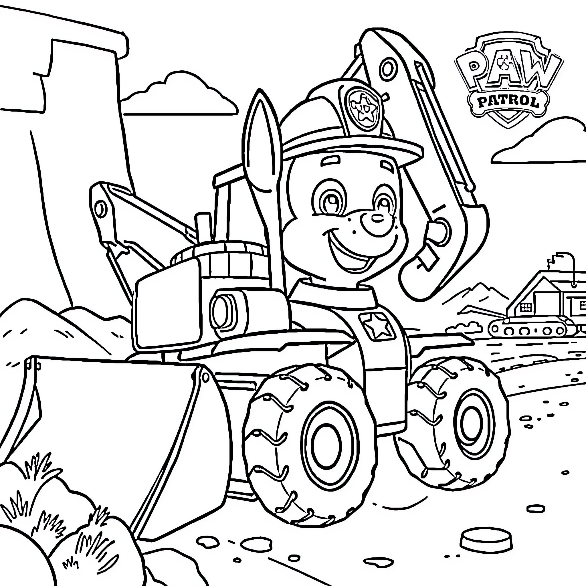 Chase the construction worker's happy adventures Coloring Page (free black-and-white line drawing printable PDF for all, from beginners to advanced learners, including children, teens, adults, and seniors)