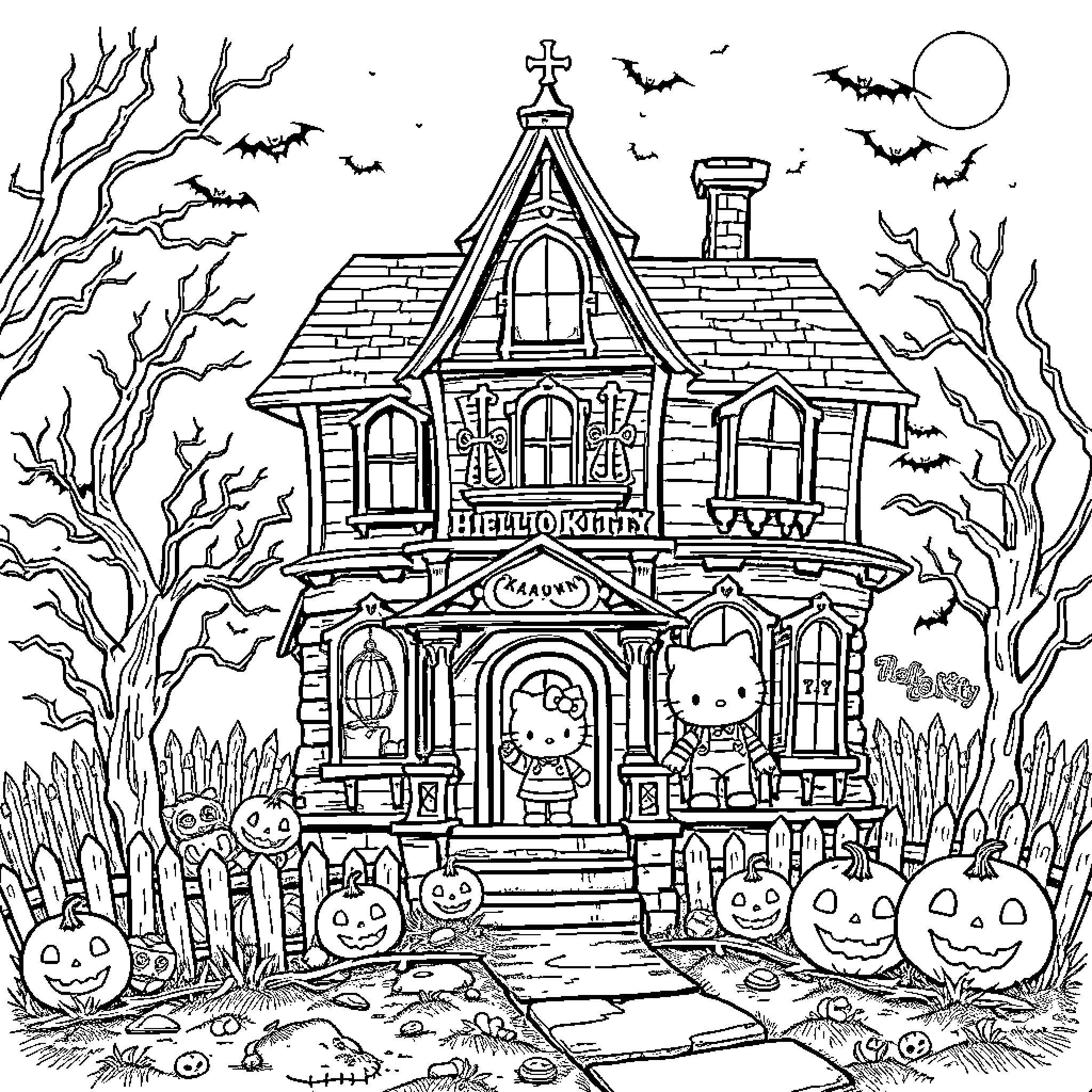 Hello Kitty's Spooky Haunted House Adventure Coloring Page (free black-and-white line drawing printable PDF for all, from beginners to advanced learners, including children, teens, adults, and seniors)