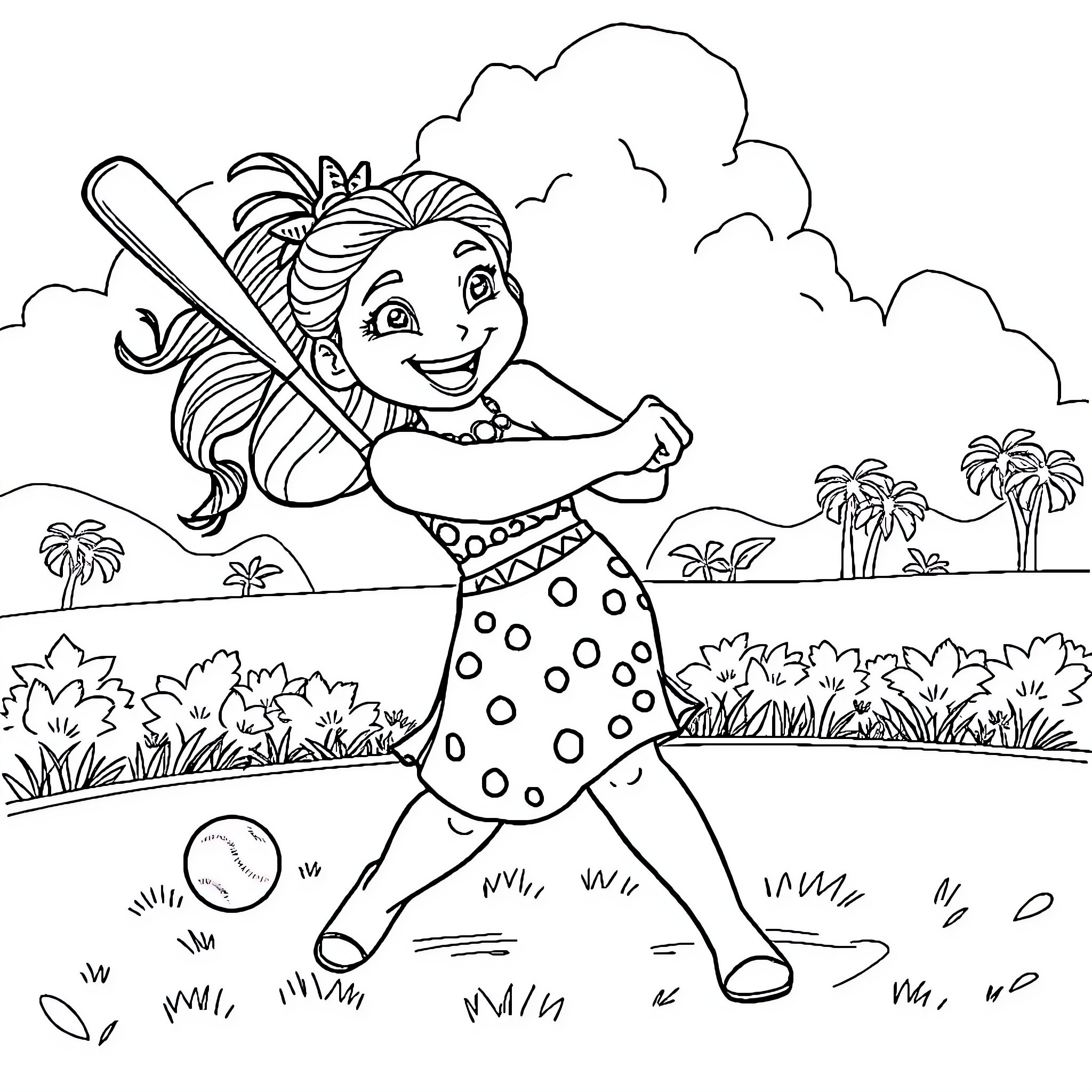 Moana playing baseball in a tropical setting Coloring Page (free black-and-white line drawing printable PDF for all, from beginners to advanced learners, including children, teens, adults, and seniors)