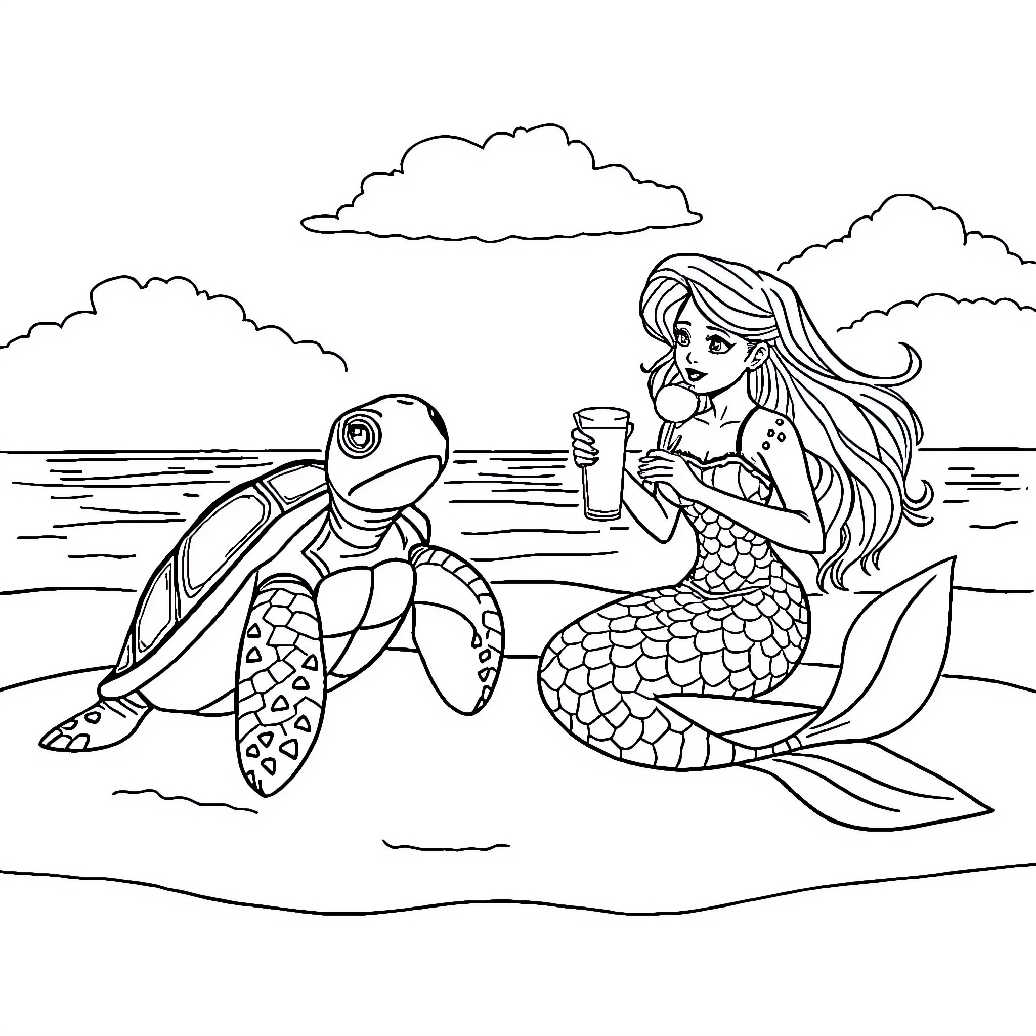 Sea Turtle and Mermaid Relaxing on the Beach Coloring Page (free black-and-white line drawing printable PDF for all, from beginners to advanced learners, including children, teens, adults, and seniors)