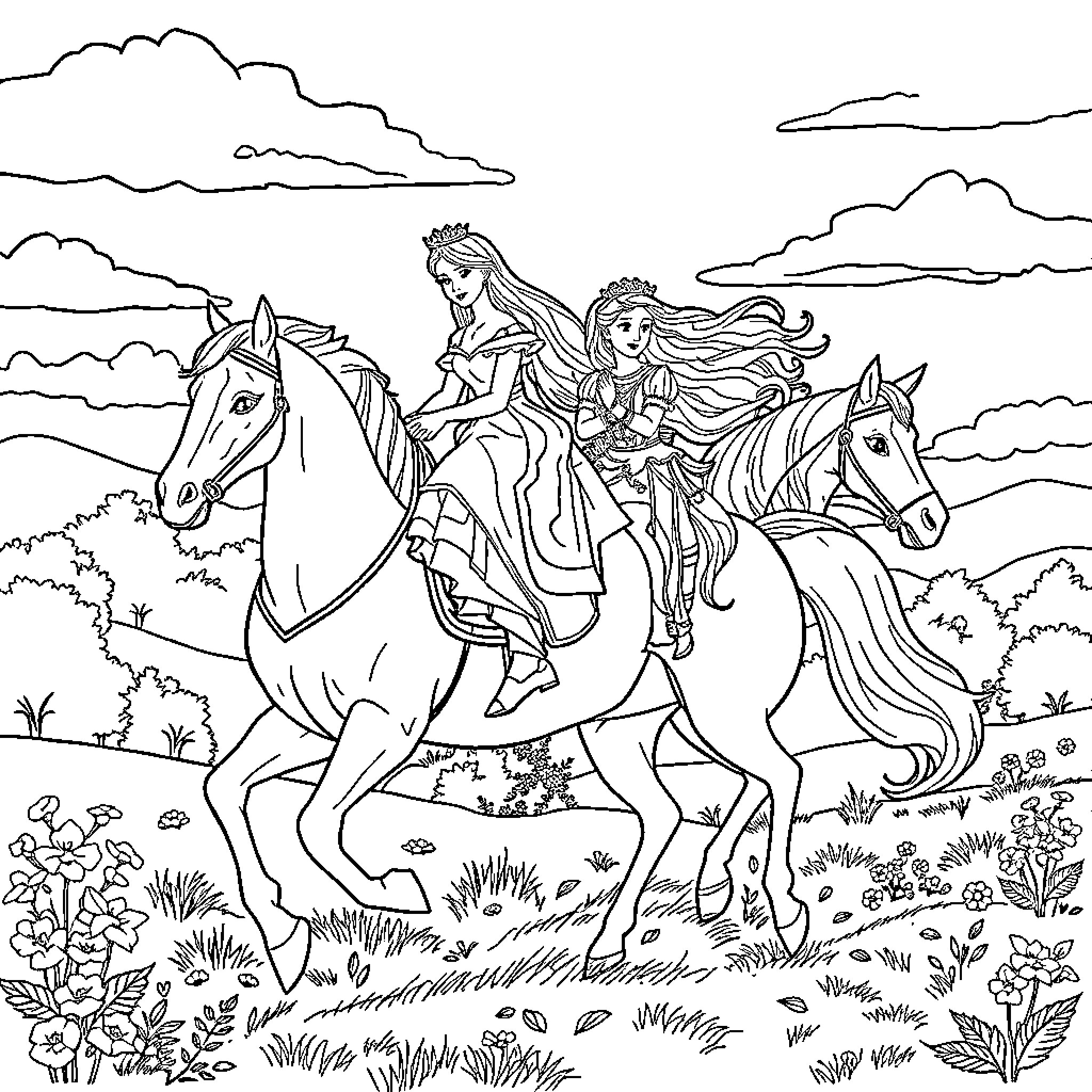 Princess and her companions riding horses through a scenic landscape Coloring Page (free black-and-white line drawing printable PDF for all, from beginners to advanced learners, including children, teens, adults, and seniors)