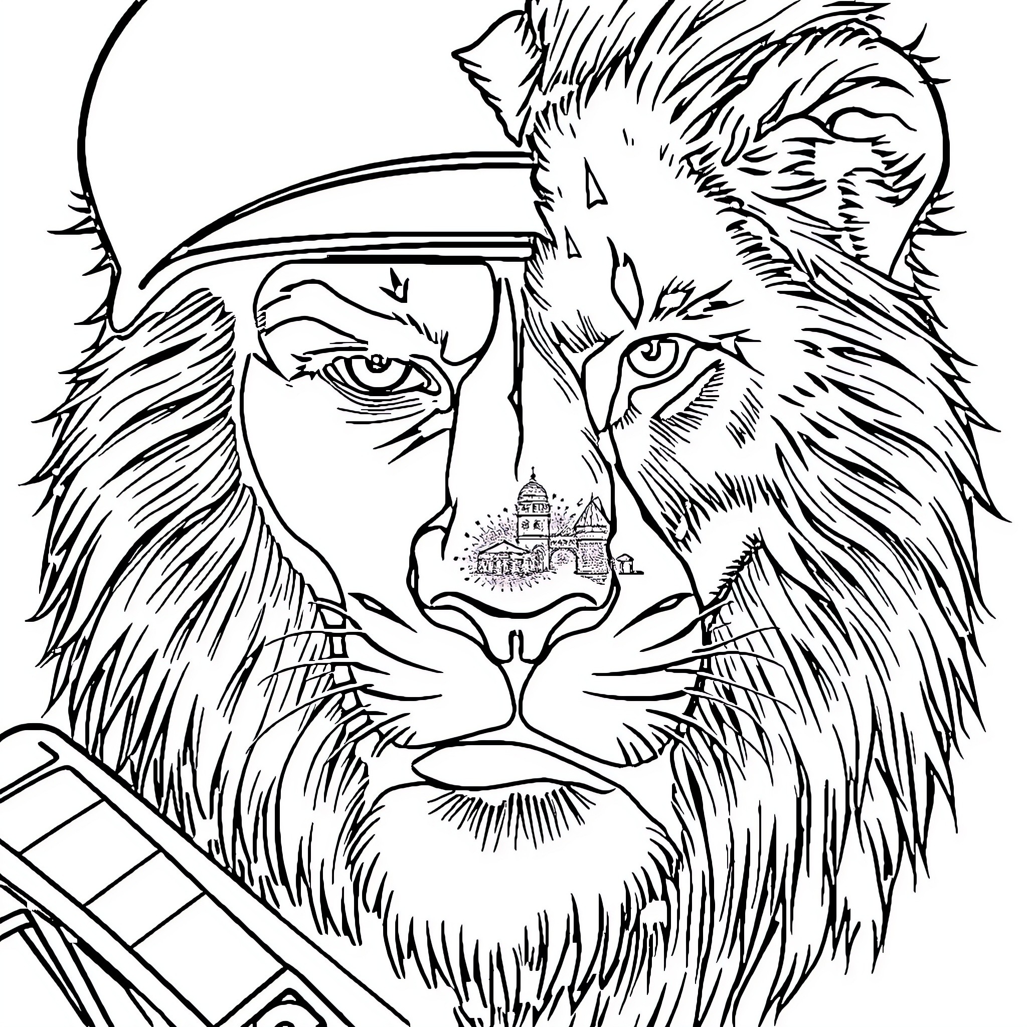 Soldier Lion Wielding a Sword and Shield Coloring Page (free black-and-white line drawing printable PDF for all, from beginners to advanced learners, including children, teens, adults, and seniors)