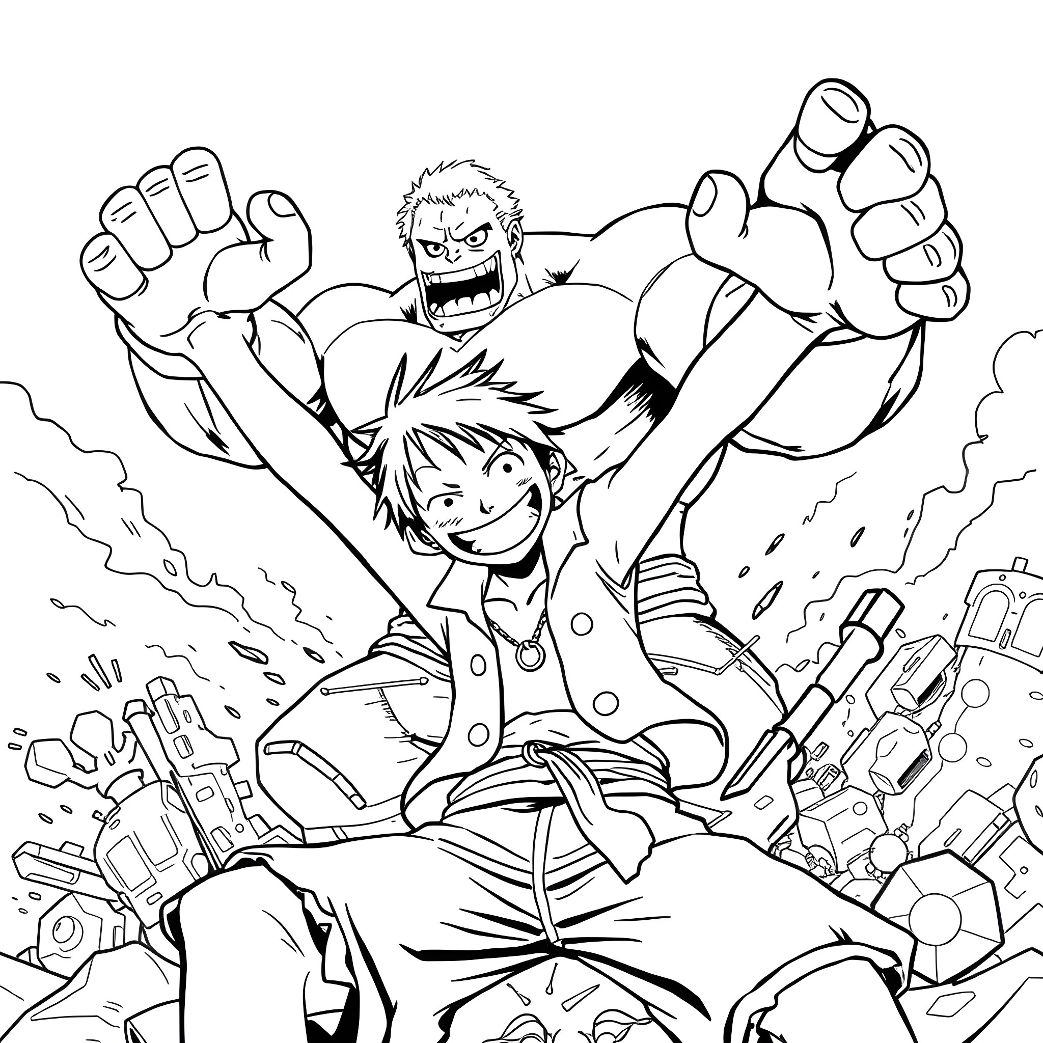 Monkey D Luffy's exciting adventure Coloring Page (free black-and-white line drawing printable PDF for all, from beginners to advanced learners, including children, teens, adults, and seniors)