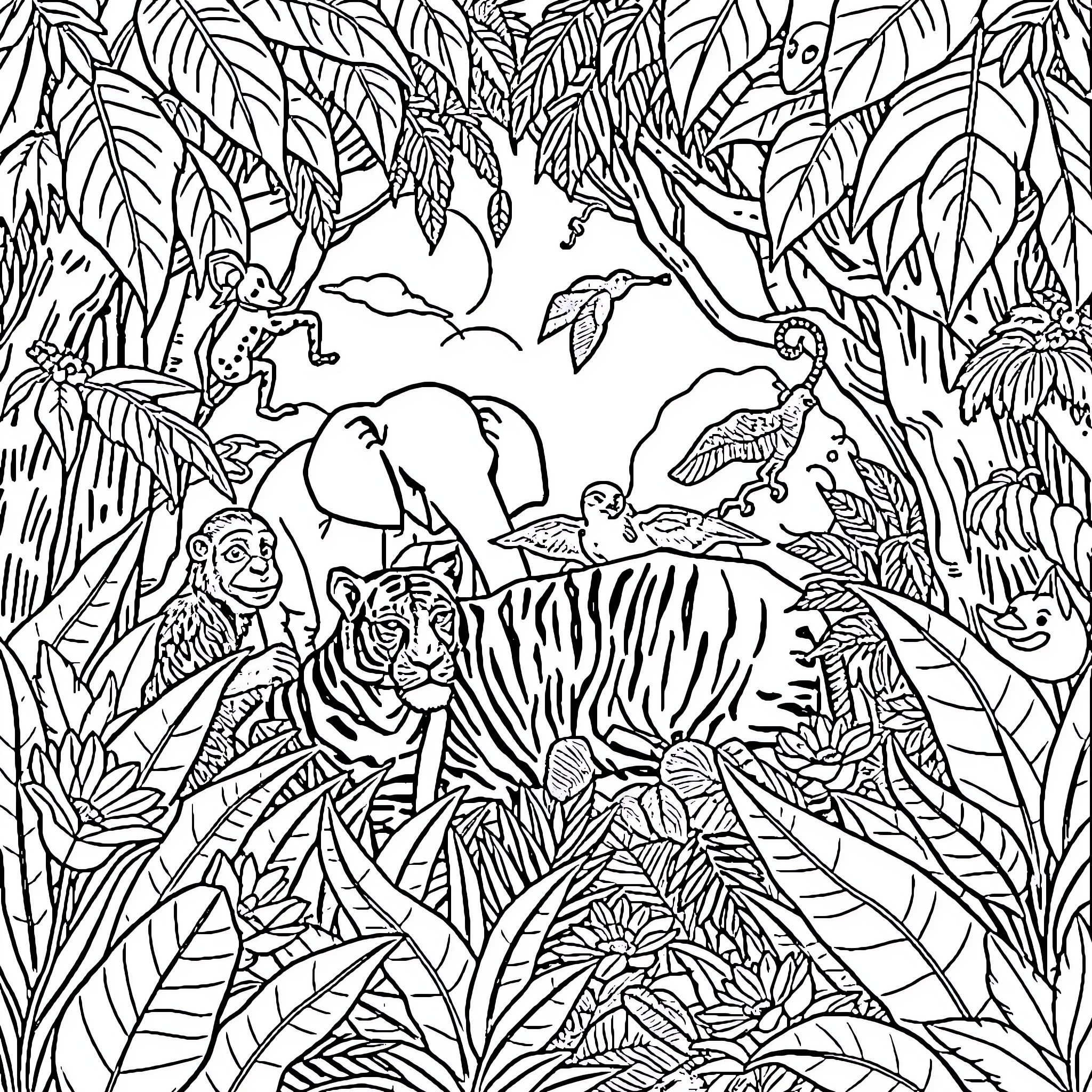 Jungle Book: Animals in a Lush Tropical Landscape Coloring Page (free black-and-white line drawing printable PDF for all, from beginners to advanced learners, including children, teens, adults, and seniors)
