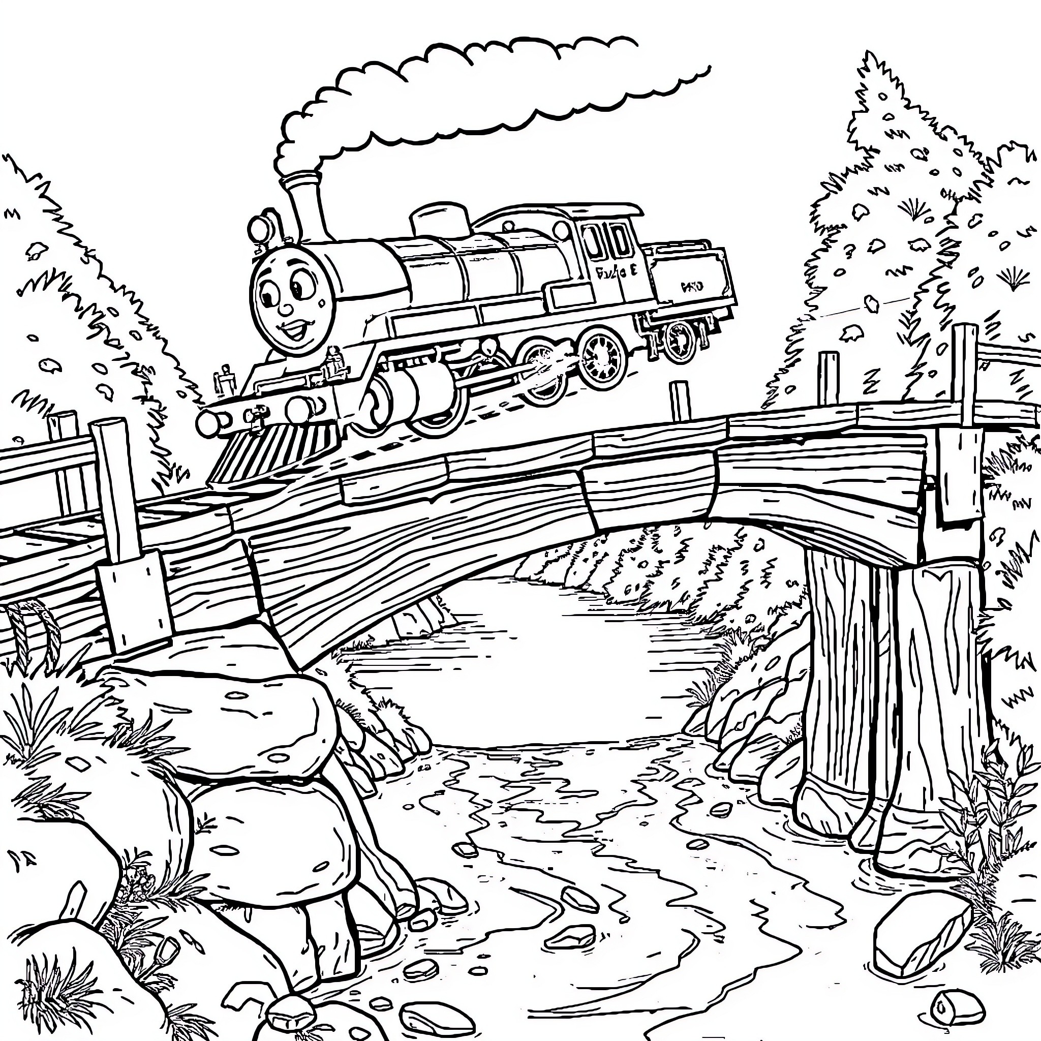 Train chugging across a rustic wooden bridge Coloring Page (free black-and-white line drawing printable PDF for all, from beginners to advanced learners, including children, teens, adults, and seniors)