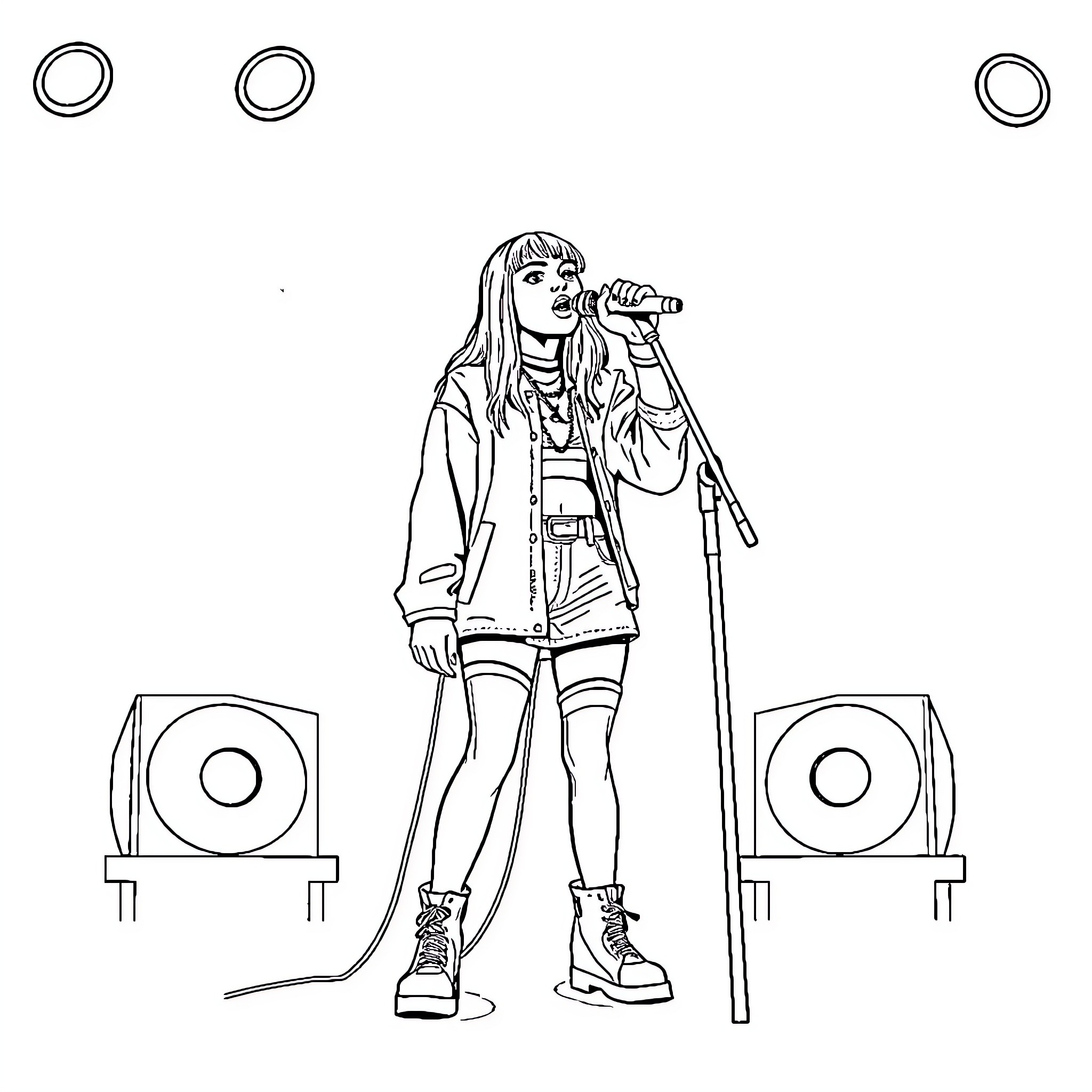 Billie Eilish performing on stage with speakers Coloring Page (free black-and-white line drawing printable PDF for all, from beginners to advanced learners, including children, teens, adults, and seniors)