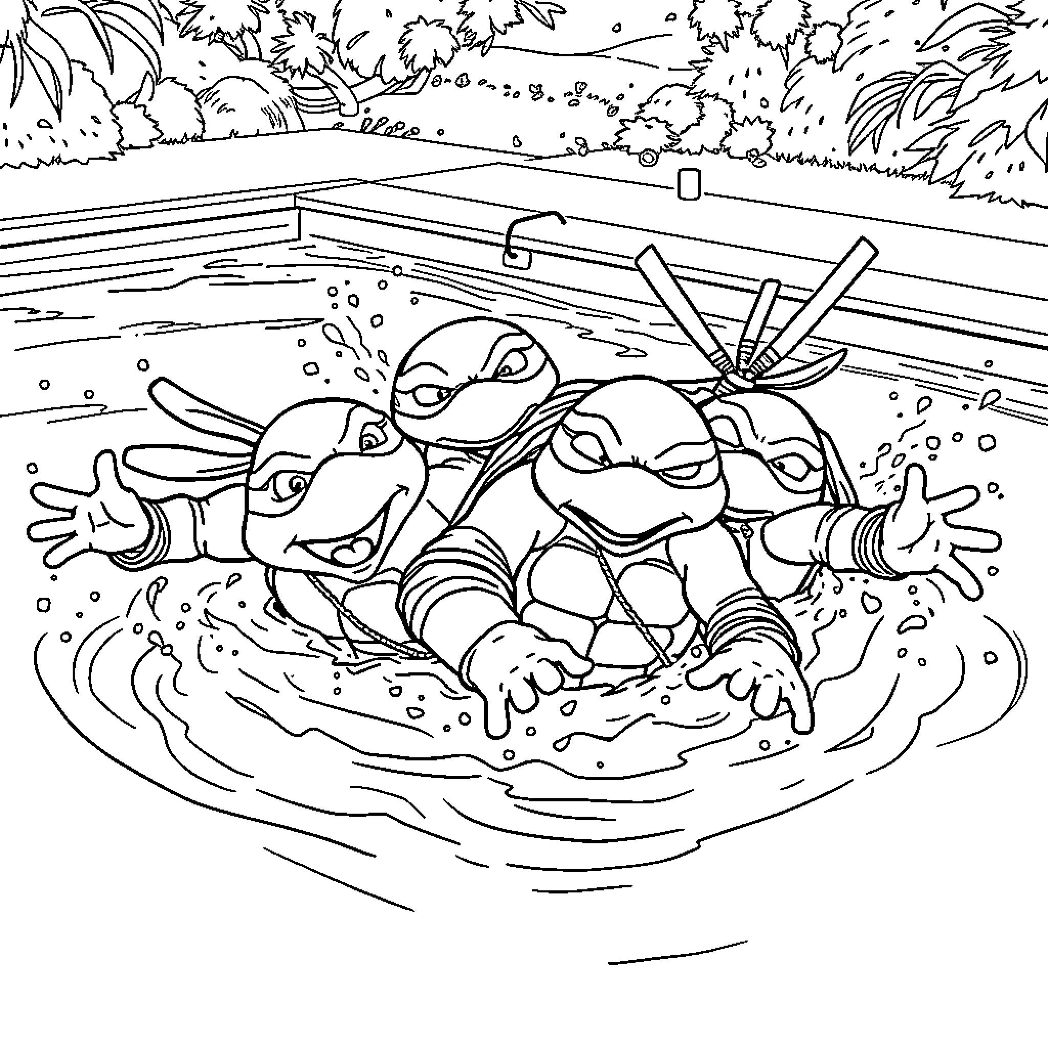 Ninja Turtles splashing in a pond Coloring Page (free black-and-white line drawing printable PDF for all, from beginners to advanced learners, including children, teens, adults, and seniors)