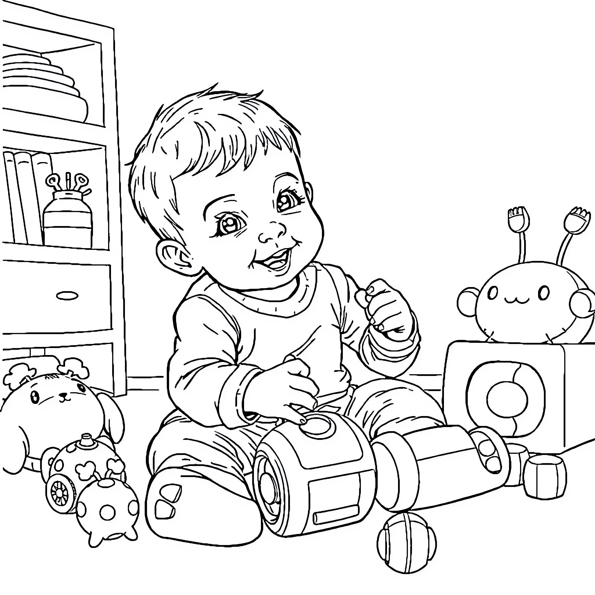 My Baby Plays Happily with Toys in the Room Coloring Page (free black-and-white line drawing printable PDF for all, from beginners to advanced learners, including children, teens, adults, and seniors)