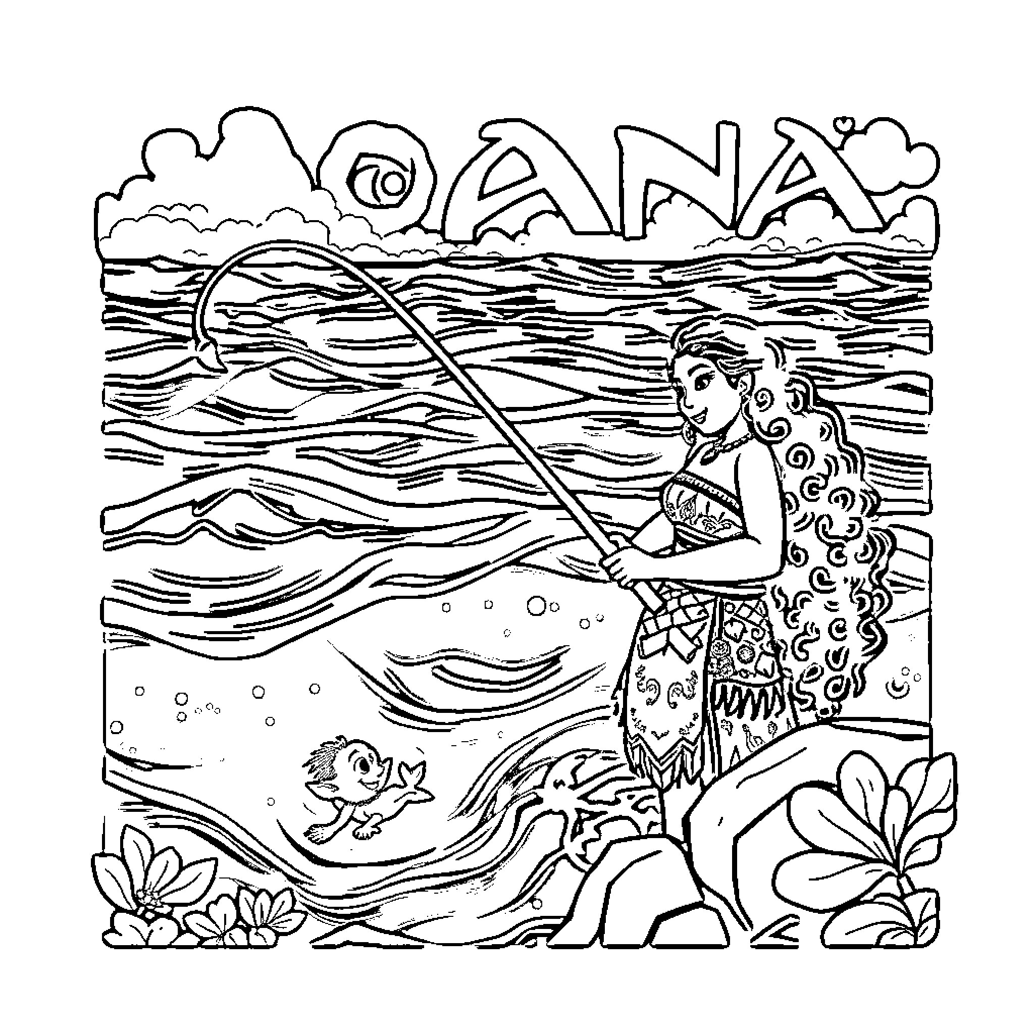 Moana Exploring the Enchanting Ocean Landscape Coloring Page (free black-and-white line drawing printable PDF for all, from beginners to advanced learners, including children, teens, adults, and seniors)