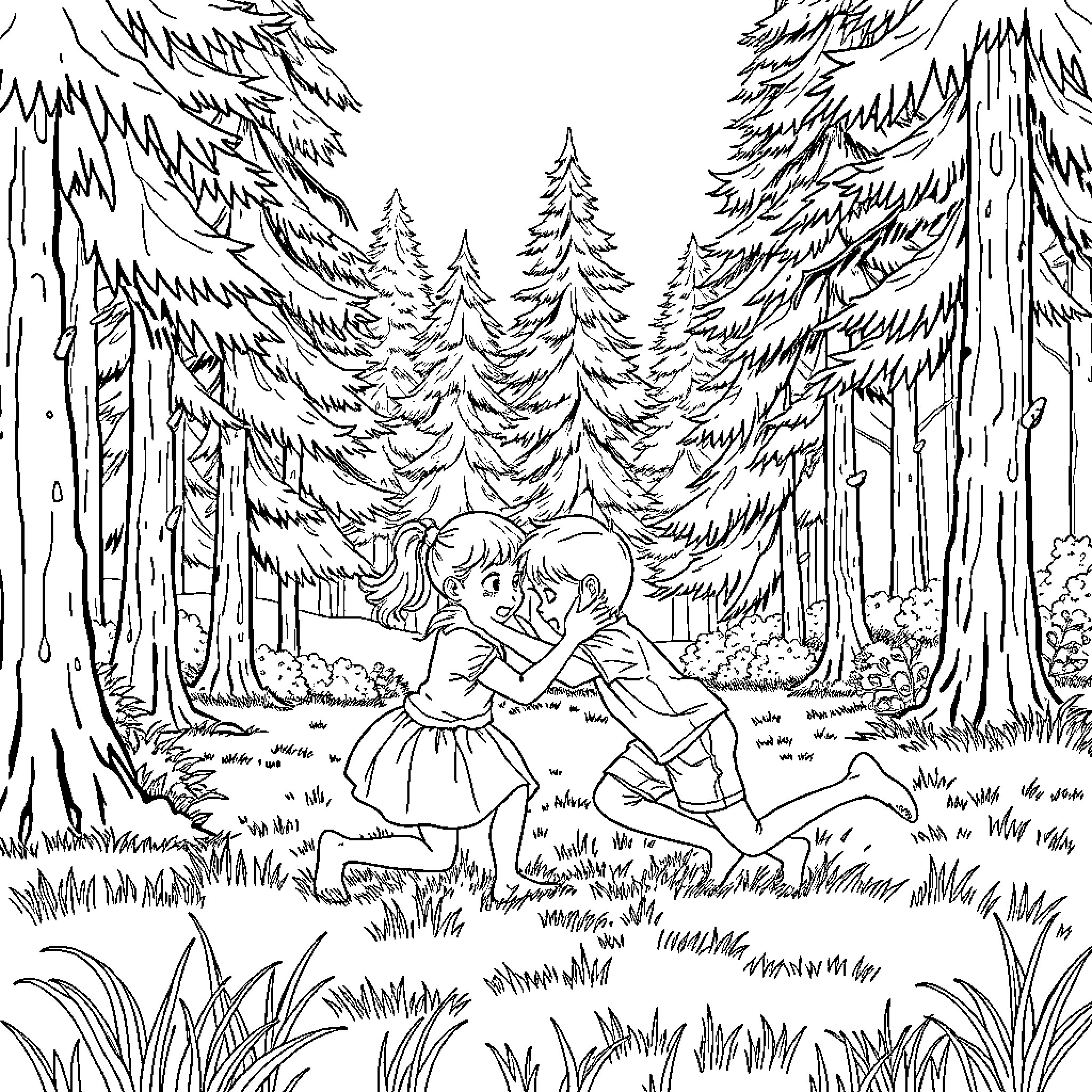 Wrestling in the enchanted forest Coloring Page (free black-and-white line drawing printable PDF for all, from beginners to advanced learners, including children, teens, adults, and seniors)