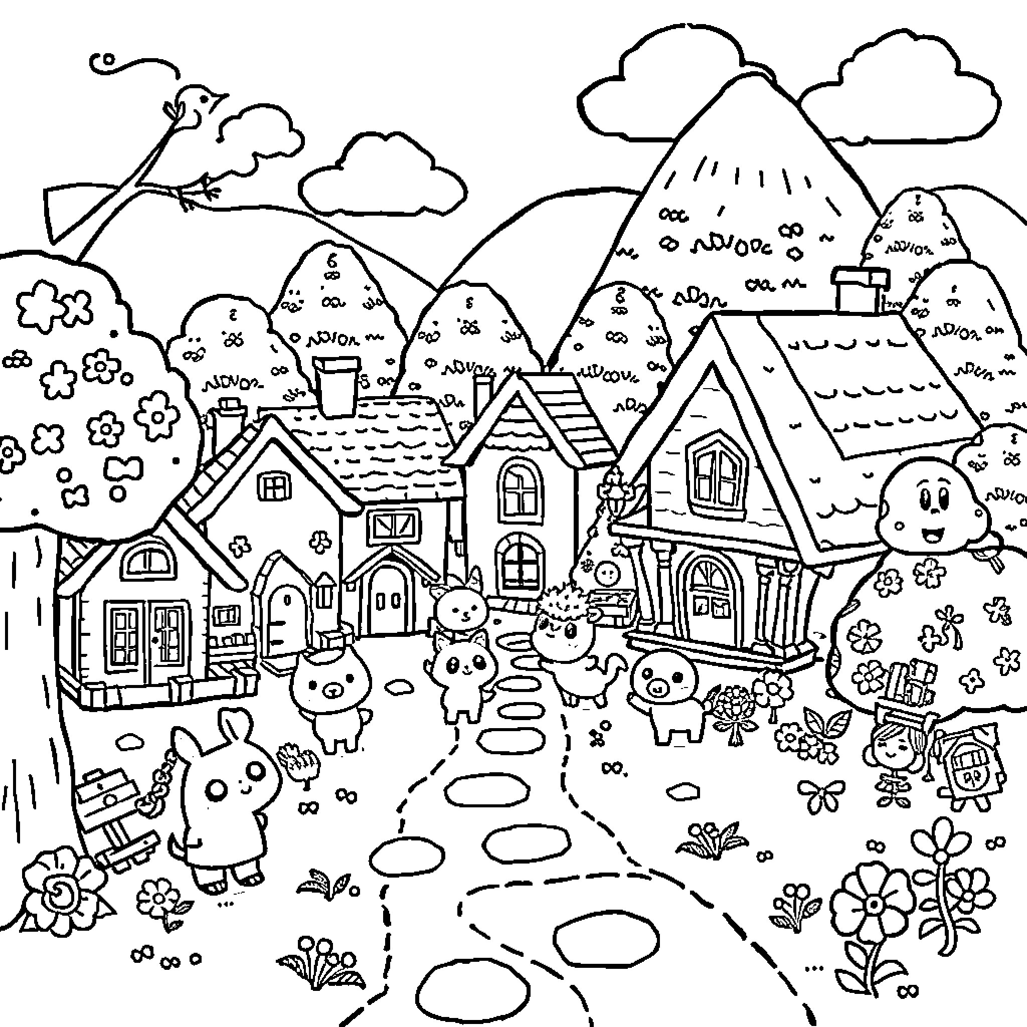 Animal Crossing: Peaceful Village with Cute Residents Coloring Page (free black-and-white line drawing printable PDF for all, from beginners to advanced learners, including children, teens, adults, and seniors)