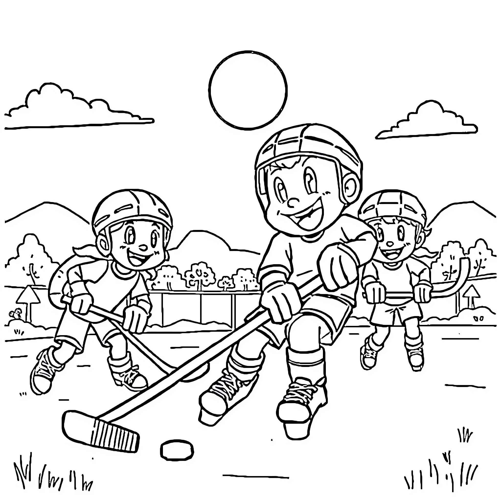 Bluey and friends playing hockey on the field Coloring Page (free black-and-white line drawing printable PDF for all, from beginners to advanced learners, including children, teens, adults, and seniors)