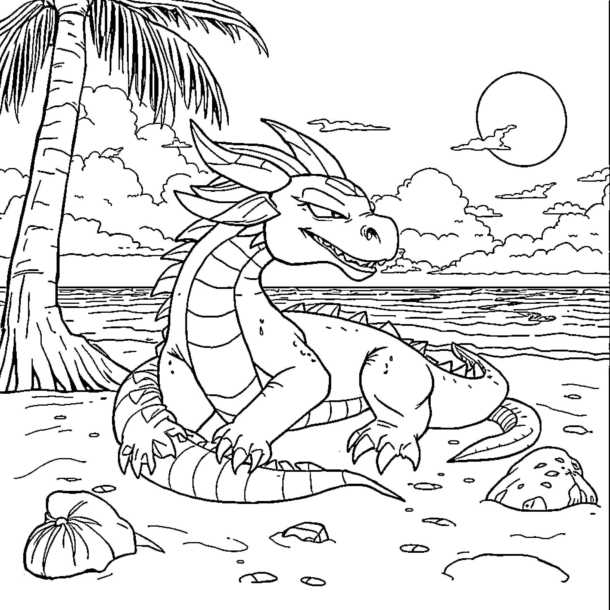 Dragon Ball - Dragon Relaxing on a Beach Coloring Page (free black-and-white line drawing printable PDF for all, from beginners to advanced learners, including children, teens, adults, and seniors)