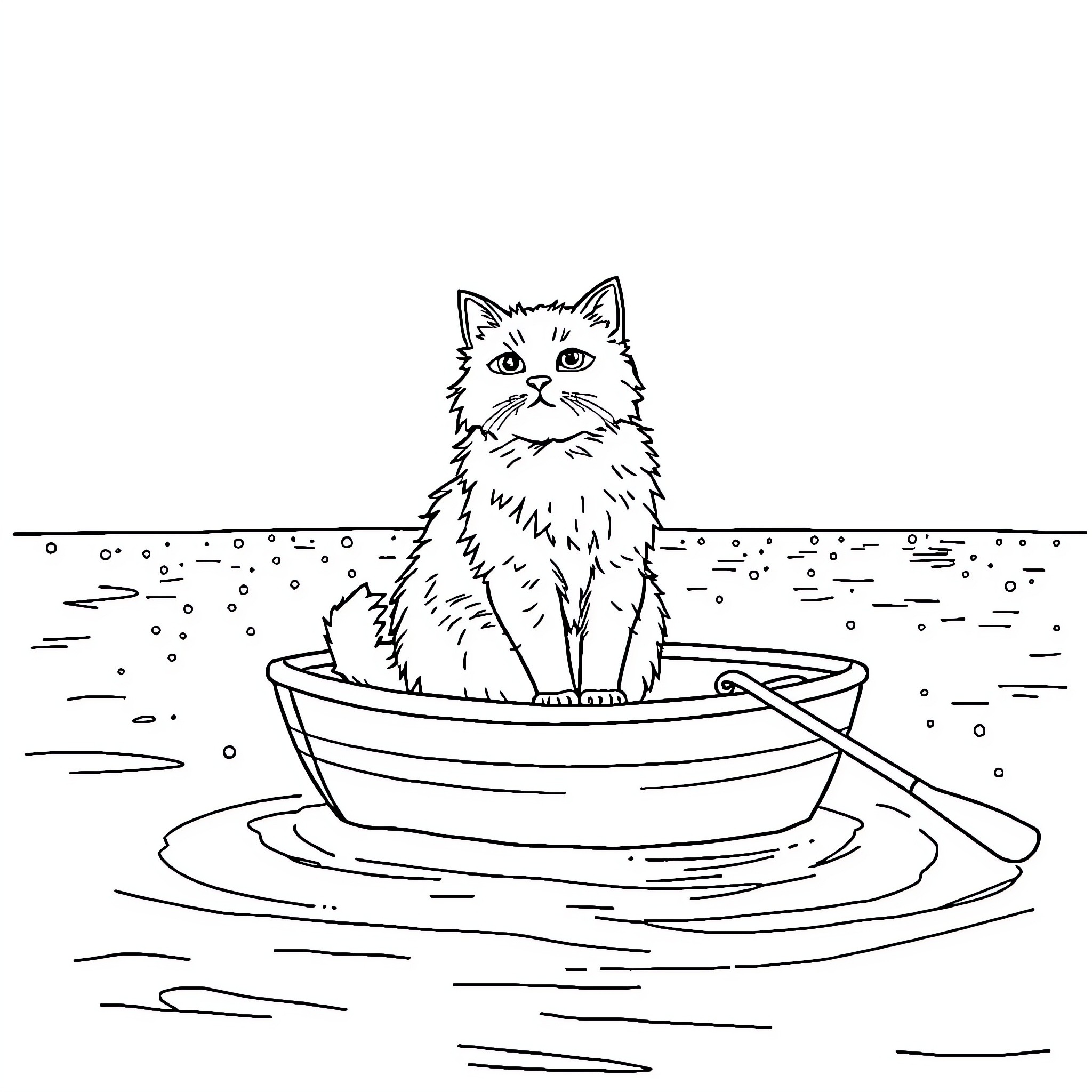 Cat in a Boat on the Water Coloring Page (free black-and-white line drawing printable PDF for all, from beginners to advanced learners, including children, teens, adults, and seniors)