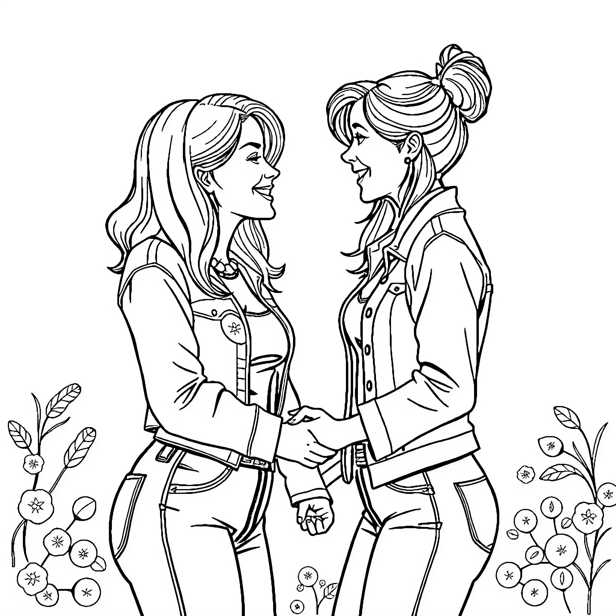 Lesbian couple embracing in a floral setting Coloring Page (free black-and-white line drawing printable PDF for all, from beginners to advanced learners, including children, teens, adults, and seniors)