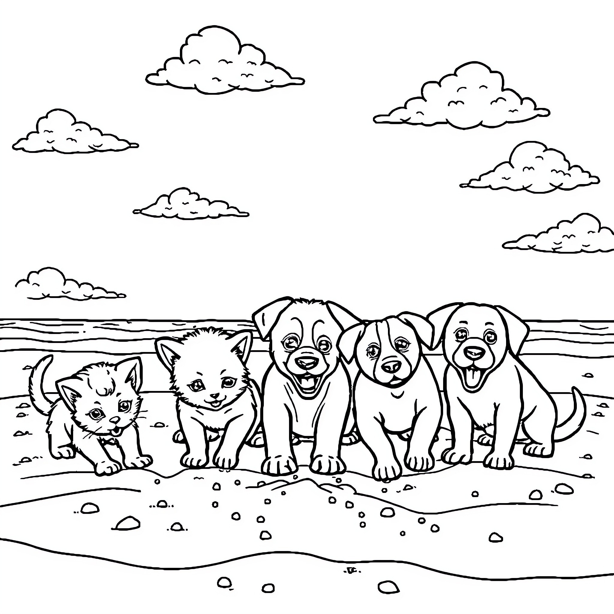 Kitten and puppies playing on the beach Coloring Page (free black-and-white line drawing printable PDF for all, from beginners to advanced learners, including children, teens, adults, and seniors)