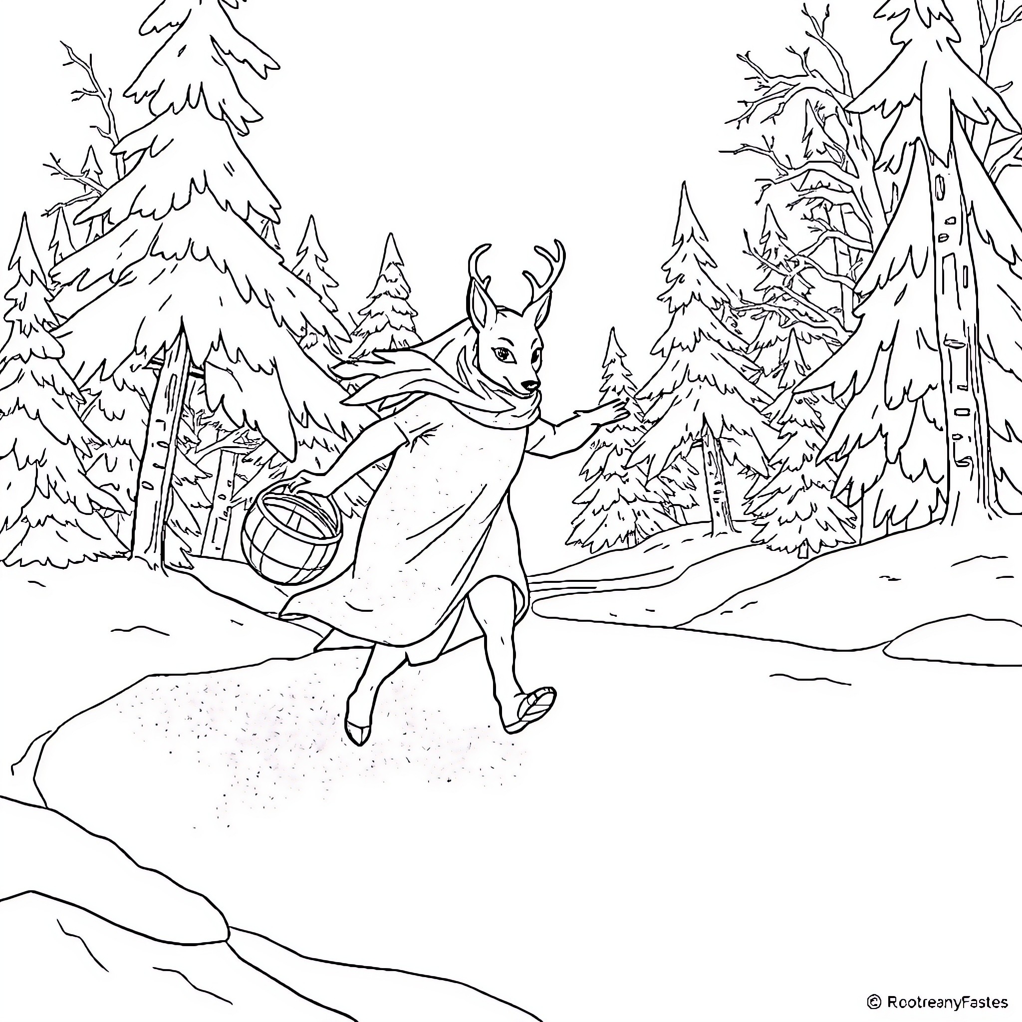 Snow Queen ice skating gracefully in a winter wonderland Coloring Page (free black-and-white line drawing printable PDF for all, from beginners to advanced learners, including children, teens, adults, and seniors)