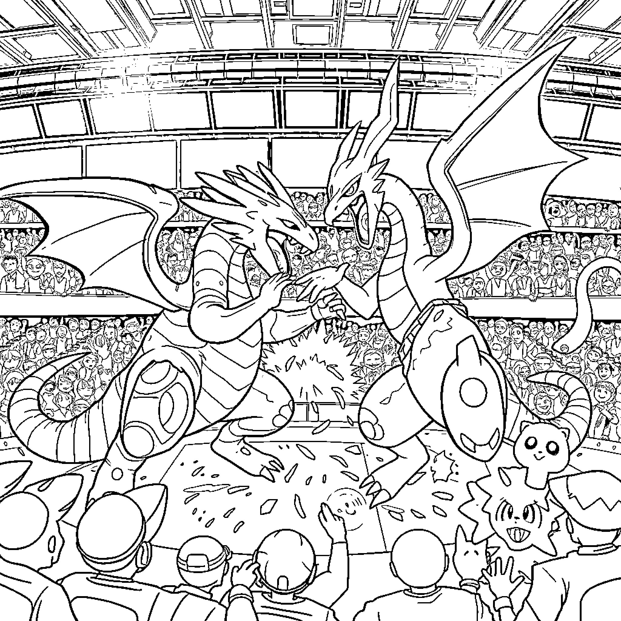 Dragon Battling Monsters in Fantastical Arena Coloring Page (free black-and-white line drawing printable PDF for all, from beginners to advanced learners, including children, teens, adults, and seniors)