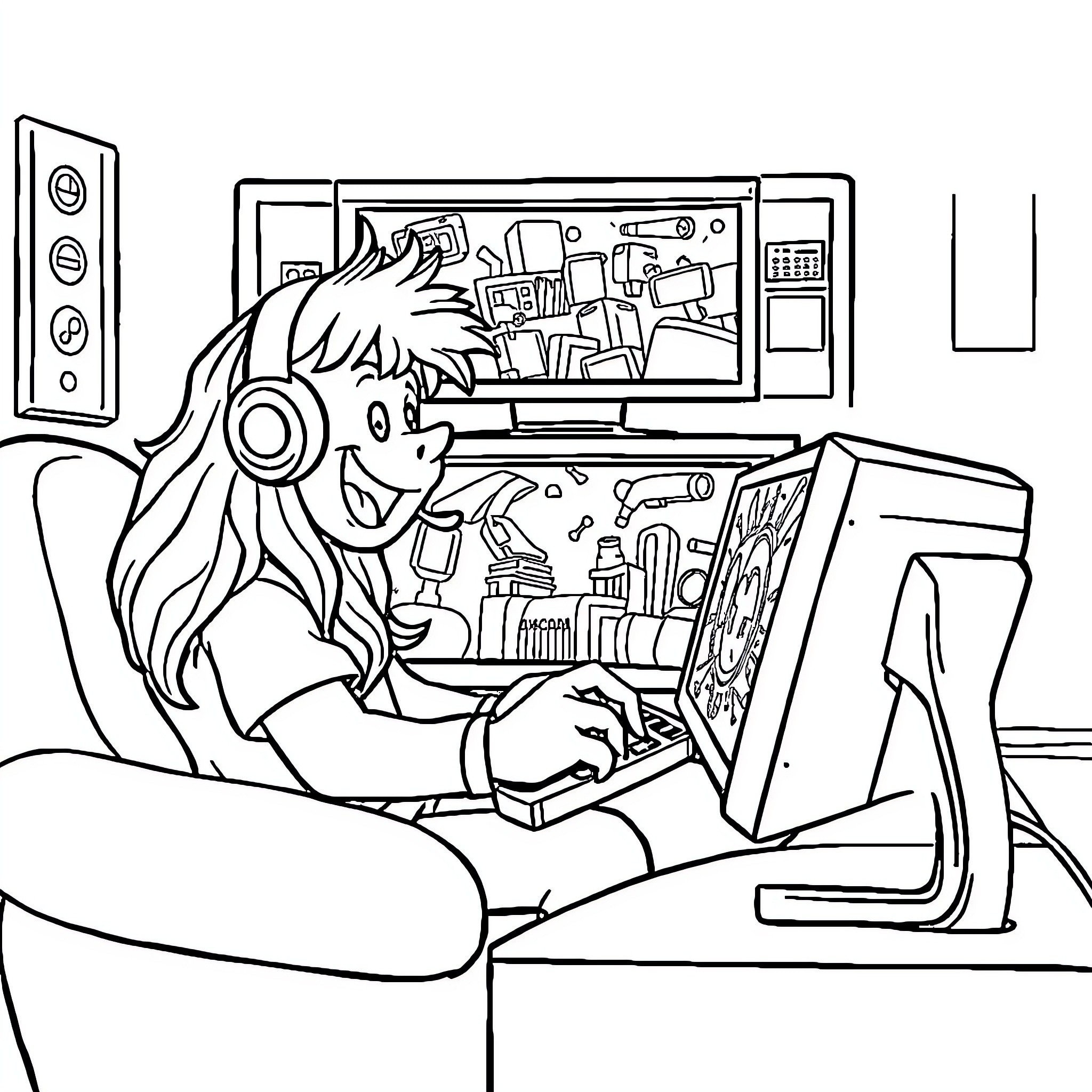 Tralalero: Gamer immersed in virtual world Coloring Page (free black-and-white line drawing printable PDF for all, from beginners to advanced learners, including children, teens, adults, and seniors)