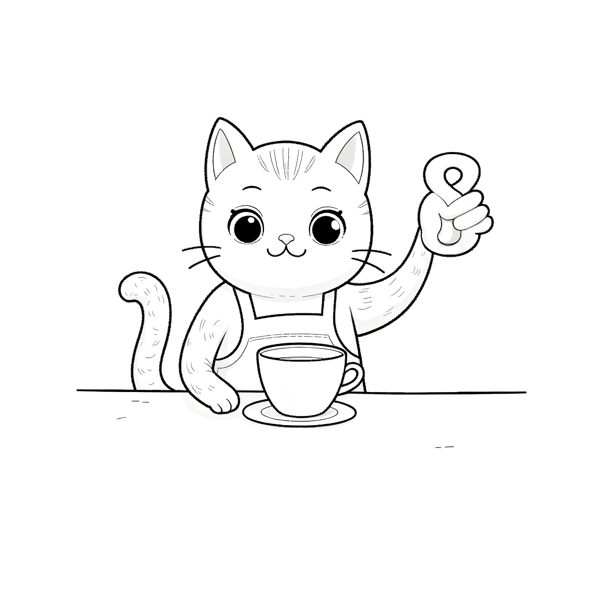 Cat enjoying a cozy cup of coffee Coloring Page (free black-and-white line drawing printable PDF for all, from beginners to advanced learners, including children, teens, adults, and seniors)