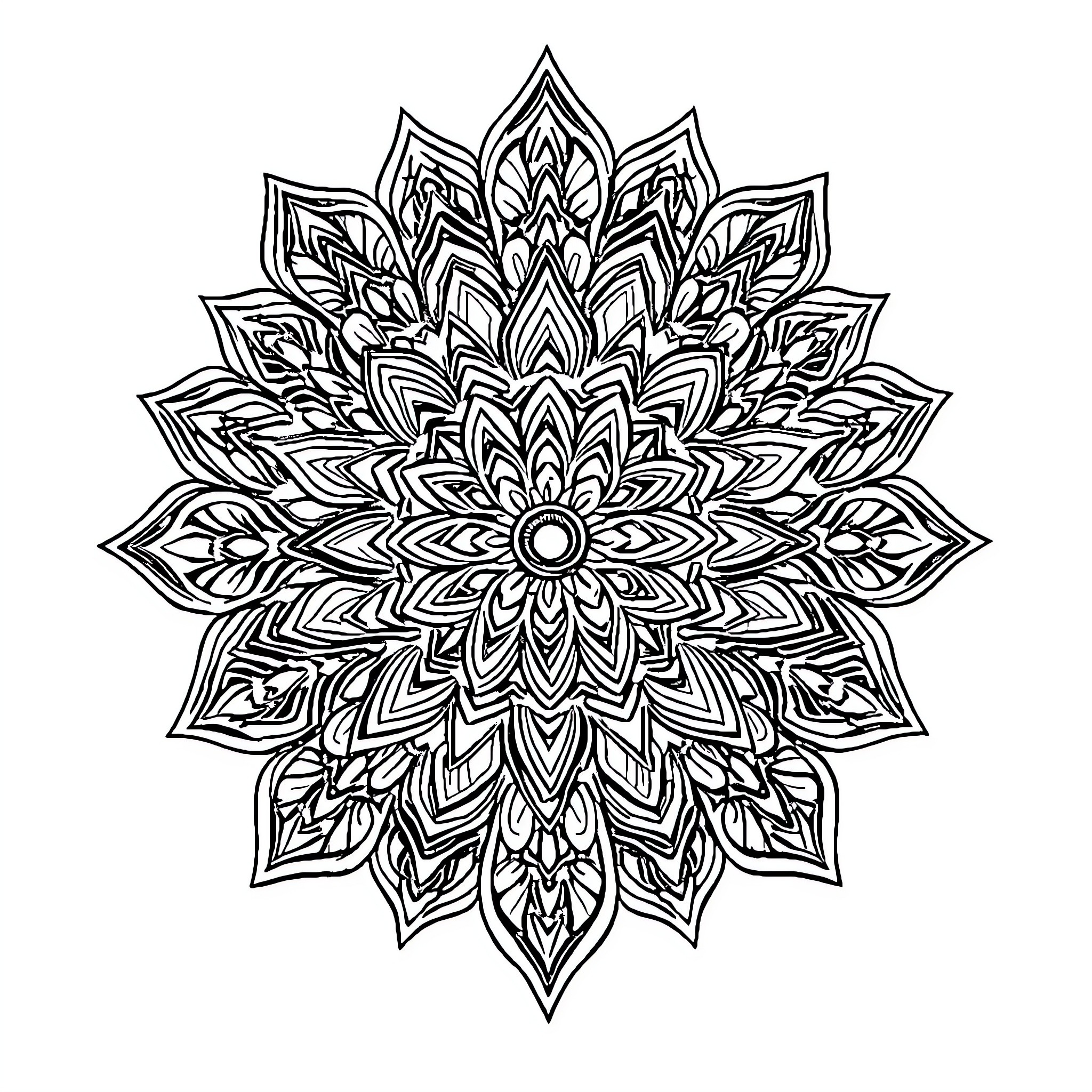 Mandala of Intricate Floral Patterns Coloring Page (free black-and-white line drawing printable PDF for all, from beginners to advanced learners, including children, teens, adults, and seniors)