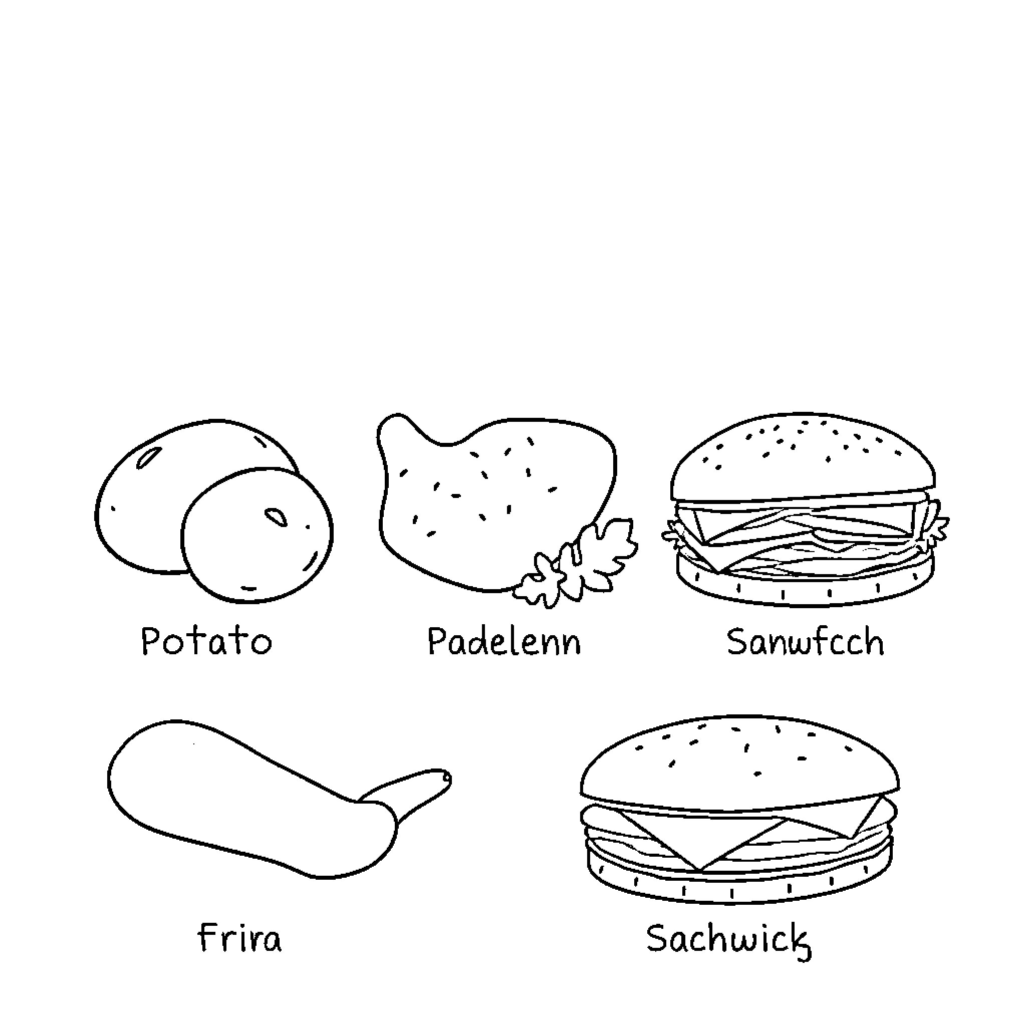 Food items with unique names Coloring Page (free black-and-white line drawing printable PDF for all, from beginners to advanced learners, including children, teens, adults, and seniors)