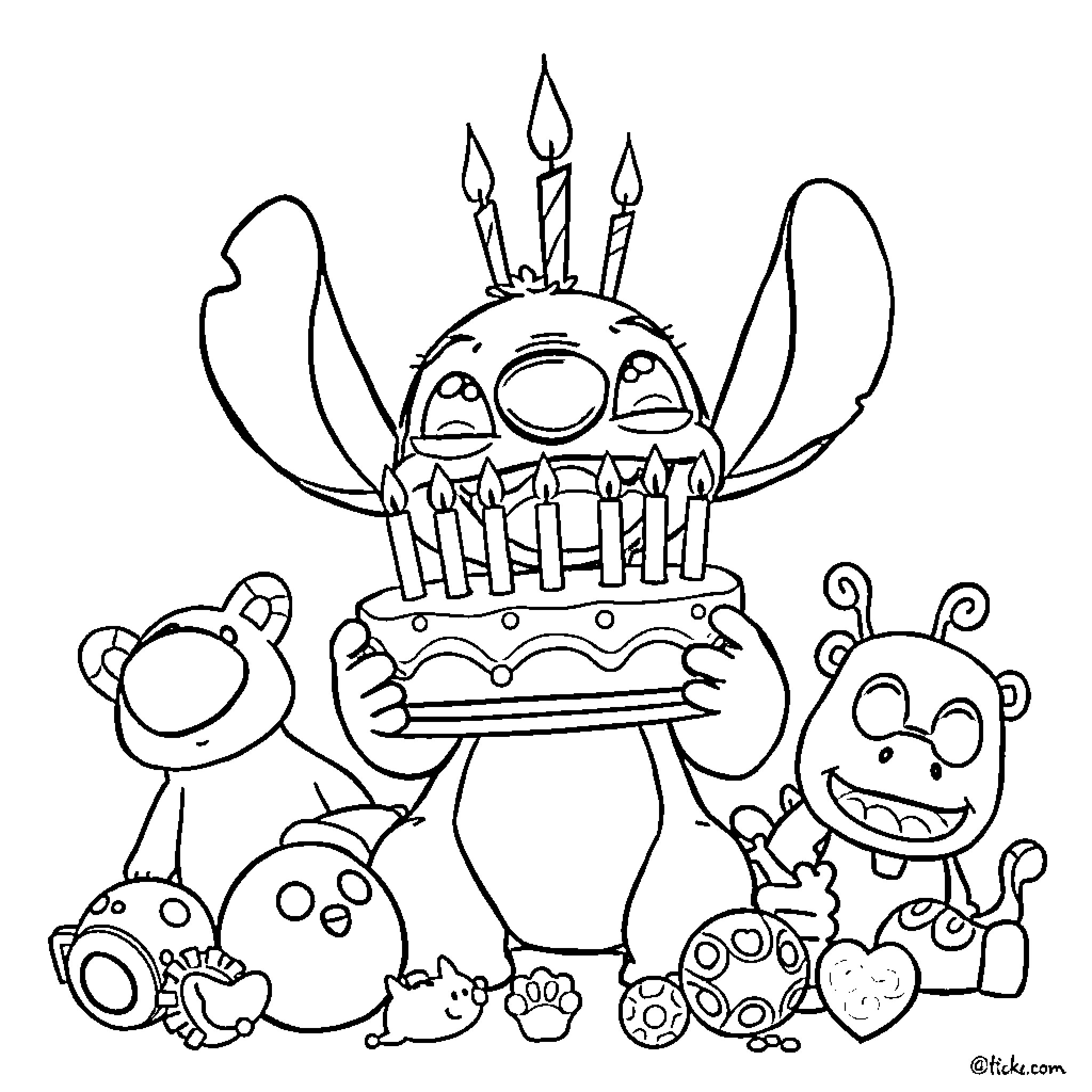 Stitch celebrates birthday with friends and cake Coloring Page (free black-and-white line drawing printable PDF for all, from beginners to advanced learners, including children, teens, adults, and seniors)