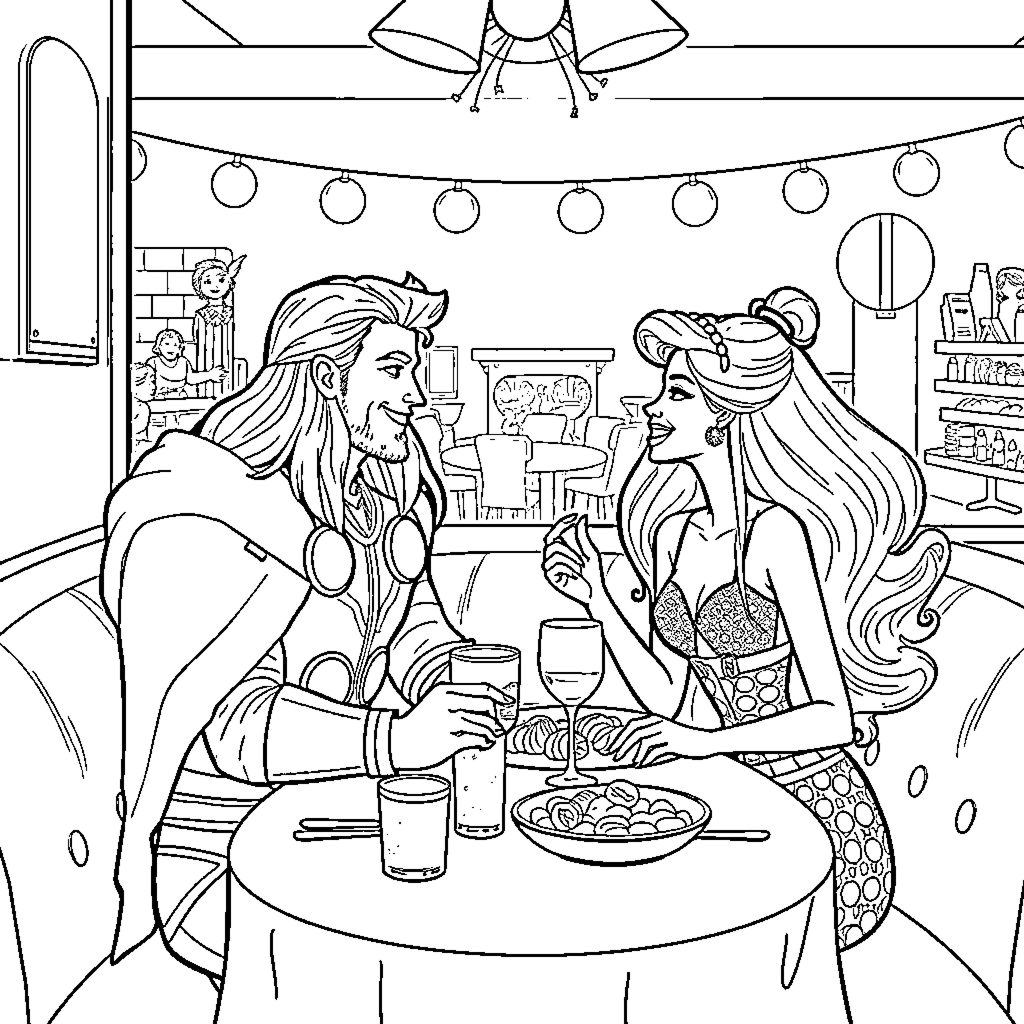 Thor Enjoying Drinks with a Companion in a Cozy Bar Coloring Page (free black-and-white line drawing printable PDF for all, from beginners to advanced learners, including children, teens, adults, and seniors)