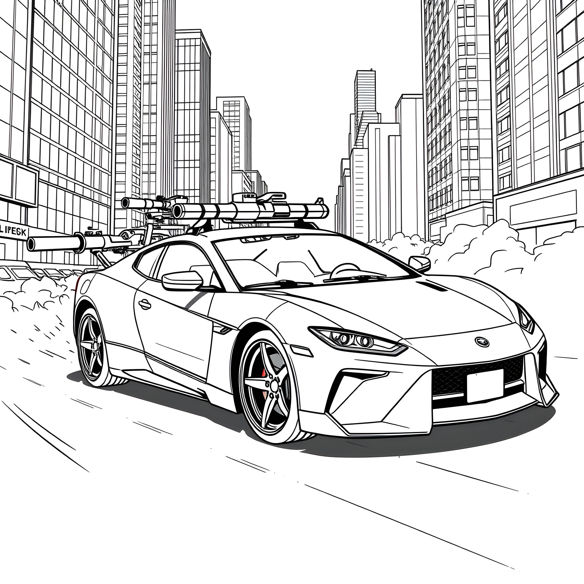 Police Car Pursuing Suspect in the City Coloring Page (free black-and-white line drawing printable PDF for all, from beginners to advanced learners, including children, teens, adults, and seniors)