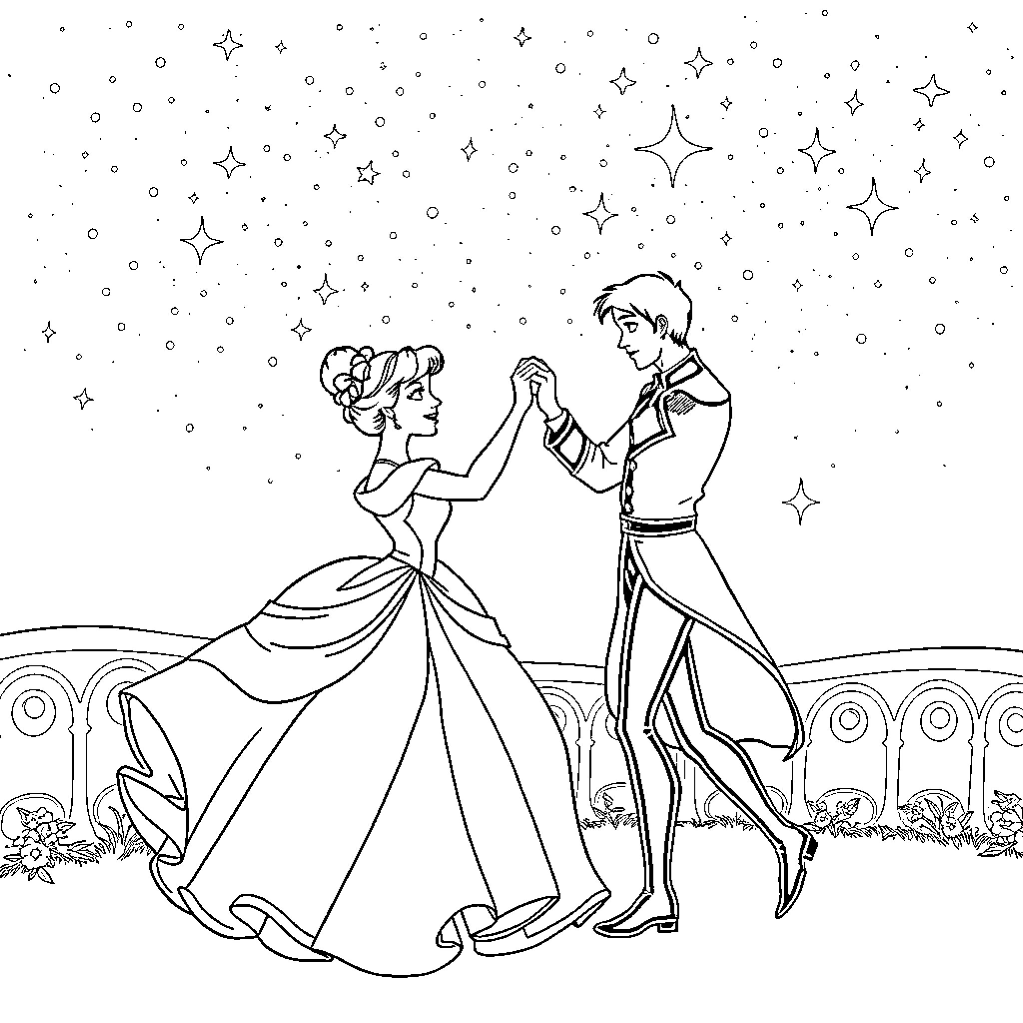 Cinderella and her Prince Charming dancing under the stars Coloring Page (free black-and-white line drawing printable PDF for all, from beginners to advanced learners, including children, teens, adults, and seniors)